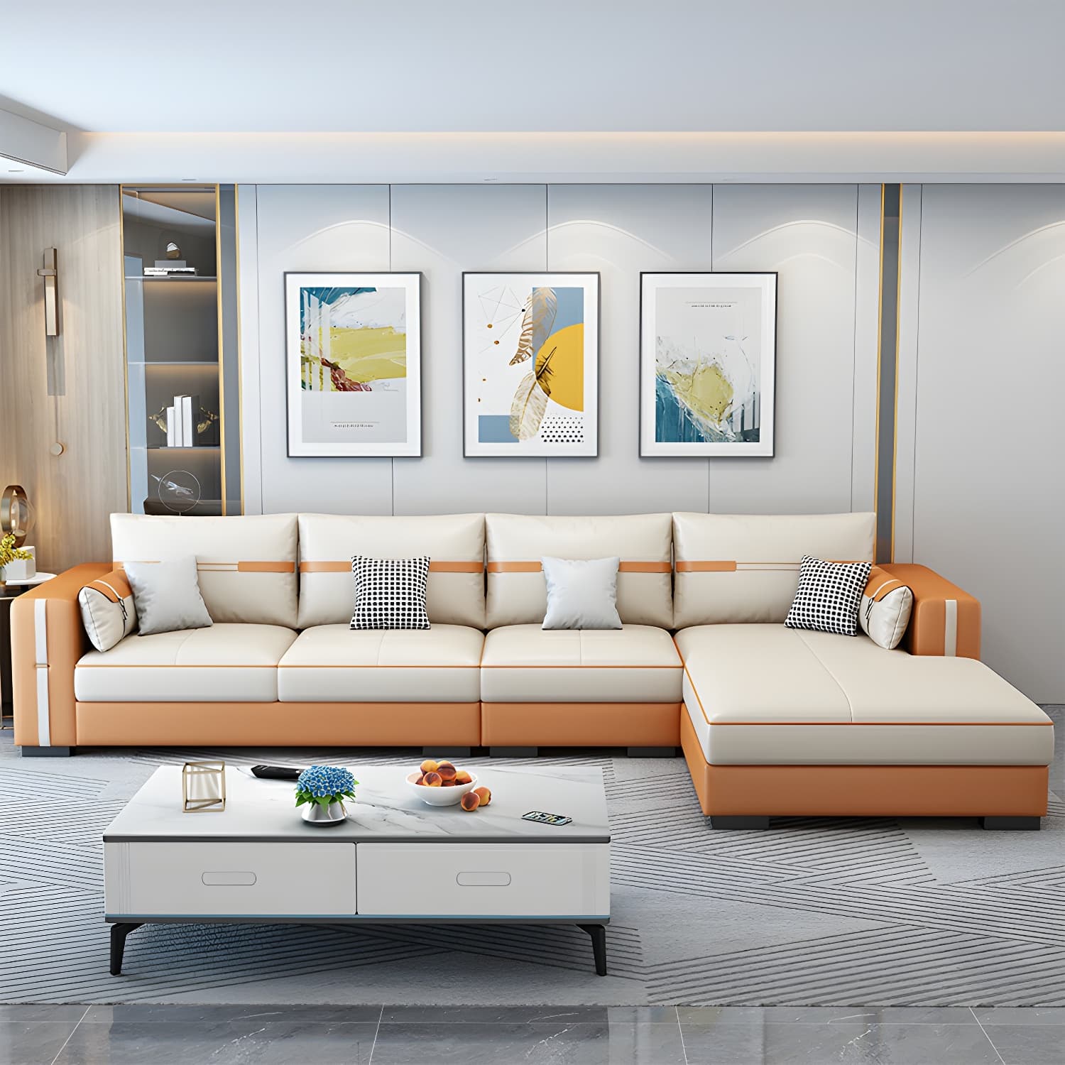 Scandinavian Wood Frame Beige Faux Leather Stationary Sectional Sofa with Cushion Back thumbnail 2