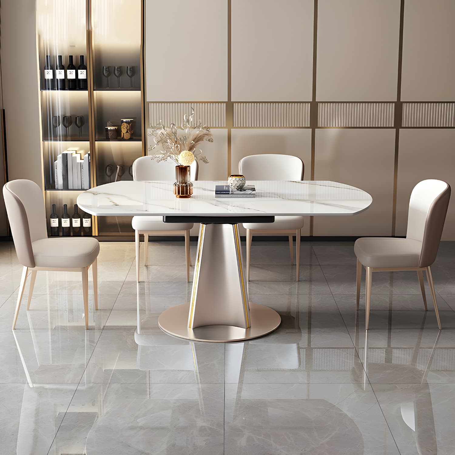Glam Round Dining Set with Gold Pedestal Base and Self-Storing Leaf - Extension Feature thumbnail 3