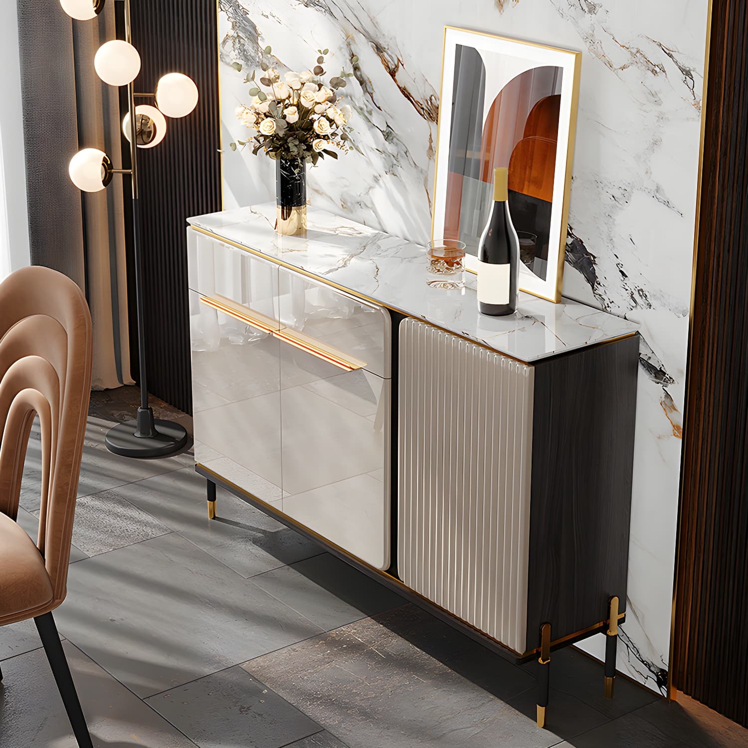 Stone Buffet Sideboard Glam Adjustable Shelves Buffet Credenza with Drawers and Cabinets thumbnail 3