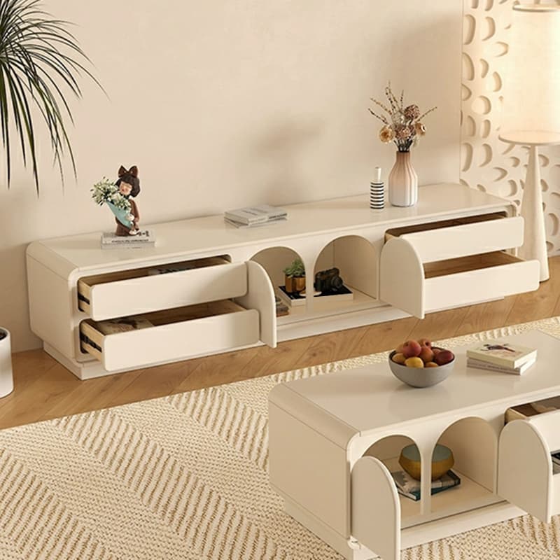 White Modern TV Stand with Low Height, 4 Drawers, 1 Cabinet and Legs - Full Assembly Needed thumbnail 3