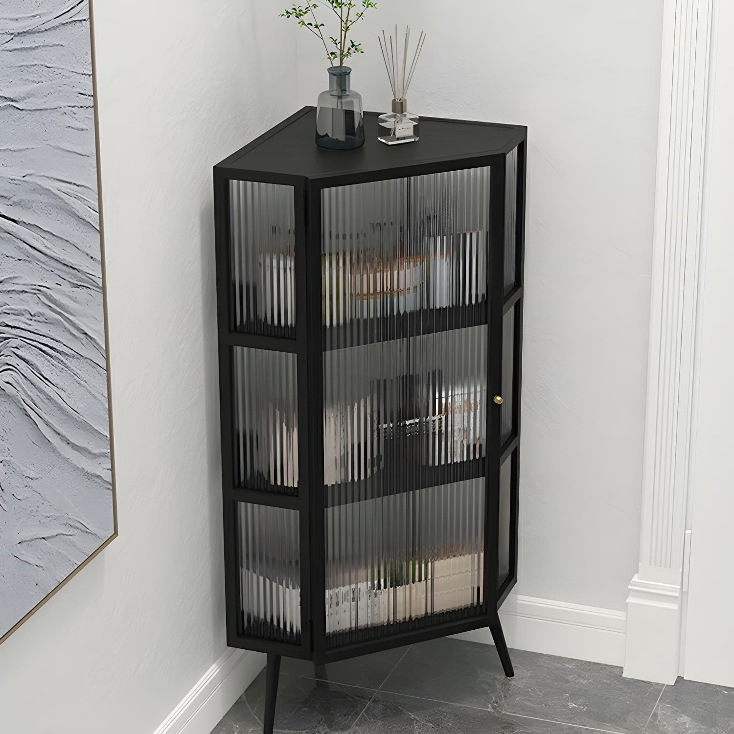 40cm Corner Modern Accent Cabinet with Glass Doors and Iron Base thumbnail 4