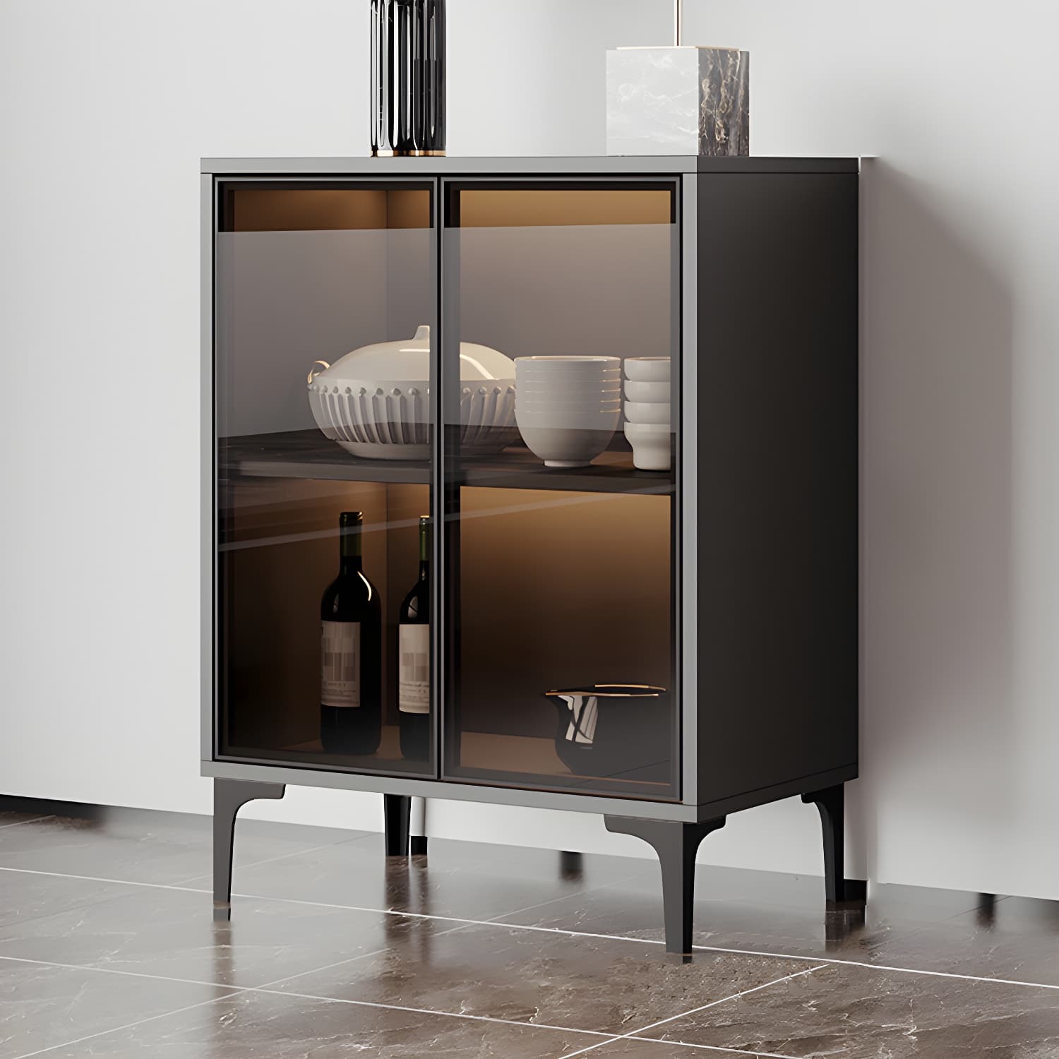 Contemporary Sideboard Cabinet for Dining Room with Glass Doors & Drawers Included