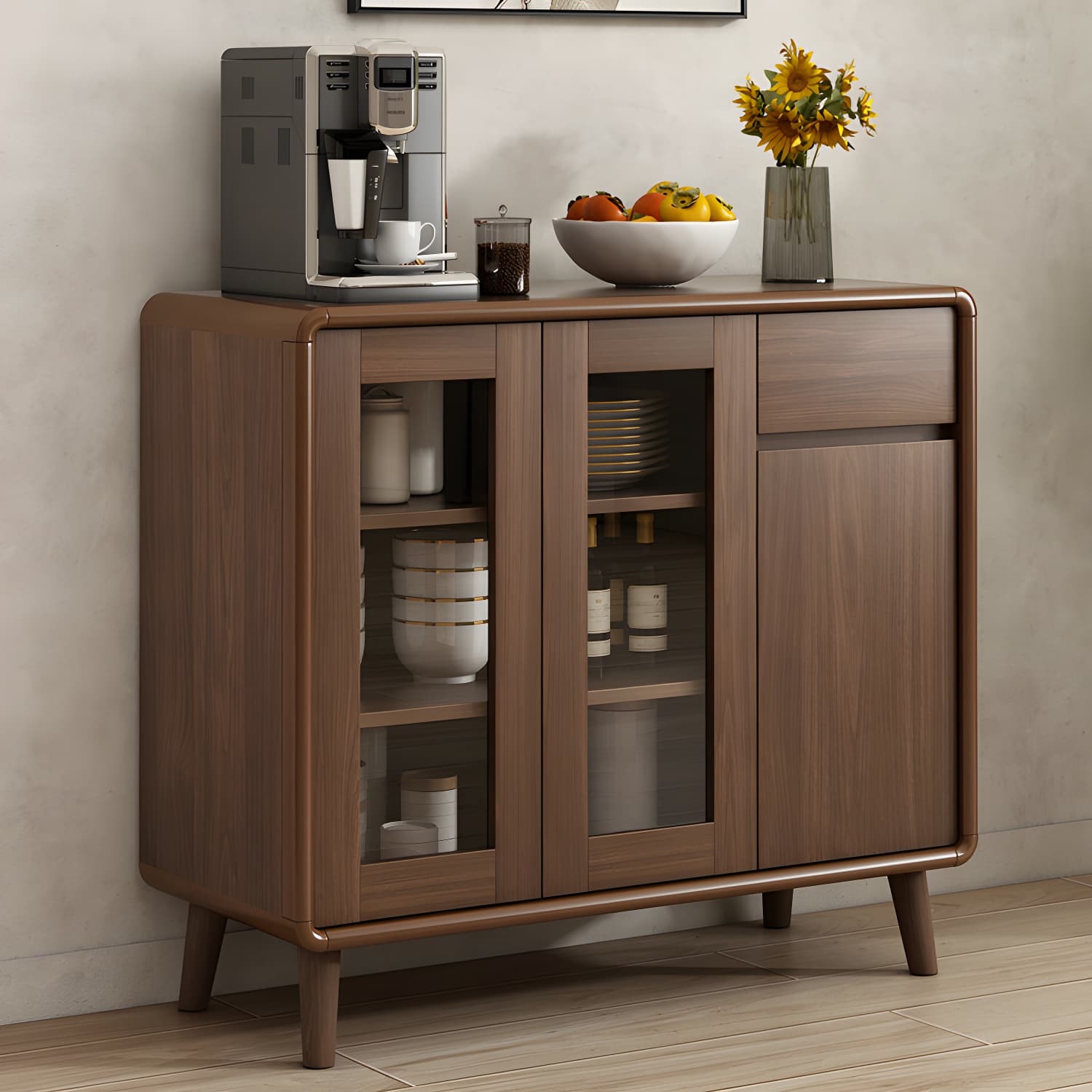 Modern Brown Wood Sideboard with Cabinets and Drawers - Stylish and Functional Buffet for Storage thumbnail 4