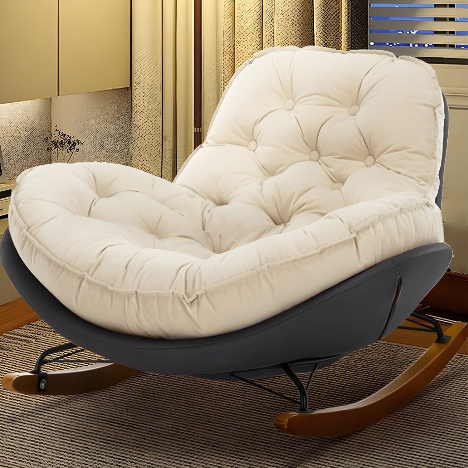 Modern Upholstered Rocking Chair - Stylish Indoor Seating with Natural Wood Legs and Tufted Design - image 2