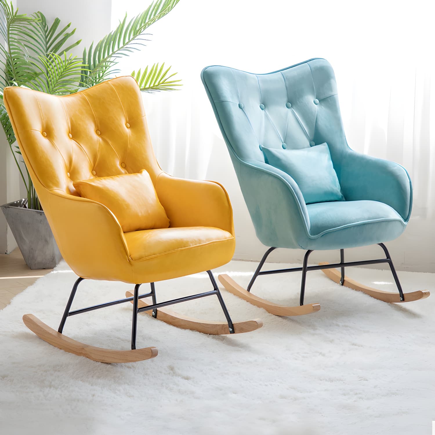 Scandinavian Rocking Chair with Wing Back and Wood Legs, Pillow Included thumbnail 13