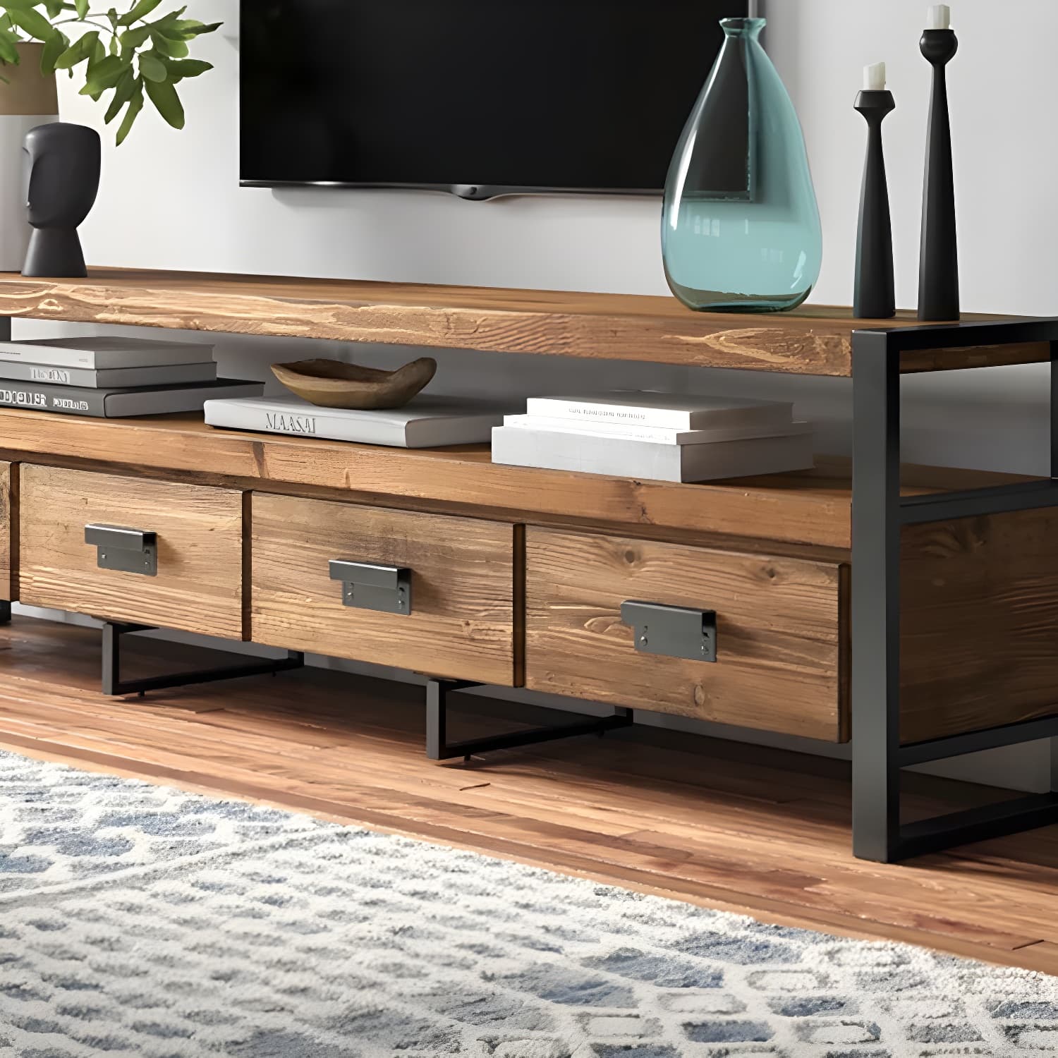 Industrial Wood TV Stand Console Open Storage TV Media Stand with Drawers for Living Room thumbnail 6