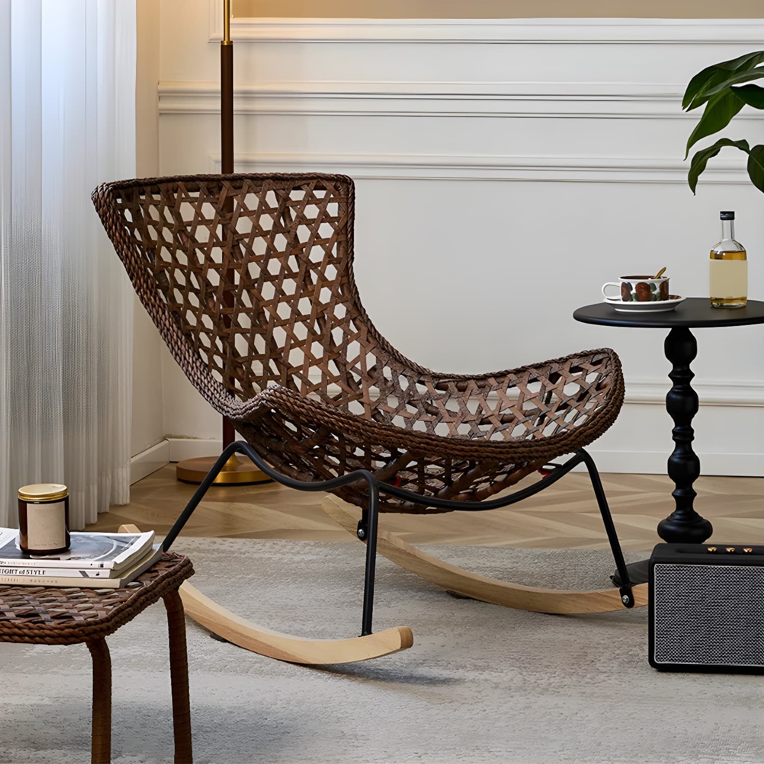Elegant Walnut Wood Rocking Chair for Modern Living - Upholstered Seating and Stylish Track Arms thumbnail 8