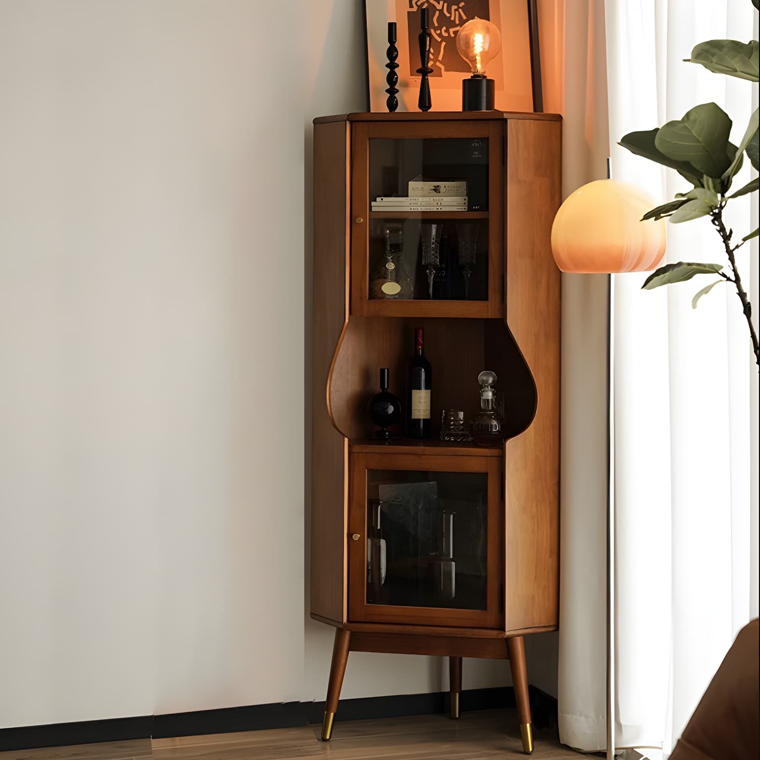 Corner Mid-Century Modern Accent Cabinet with Wood Countertop, Glass Doors, and 5 Shelves thumbnail 15