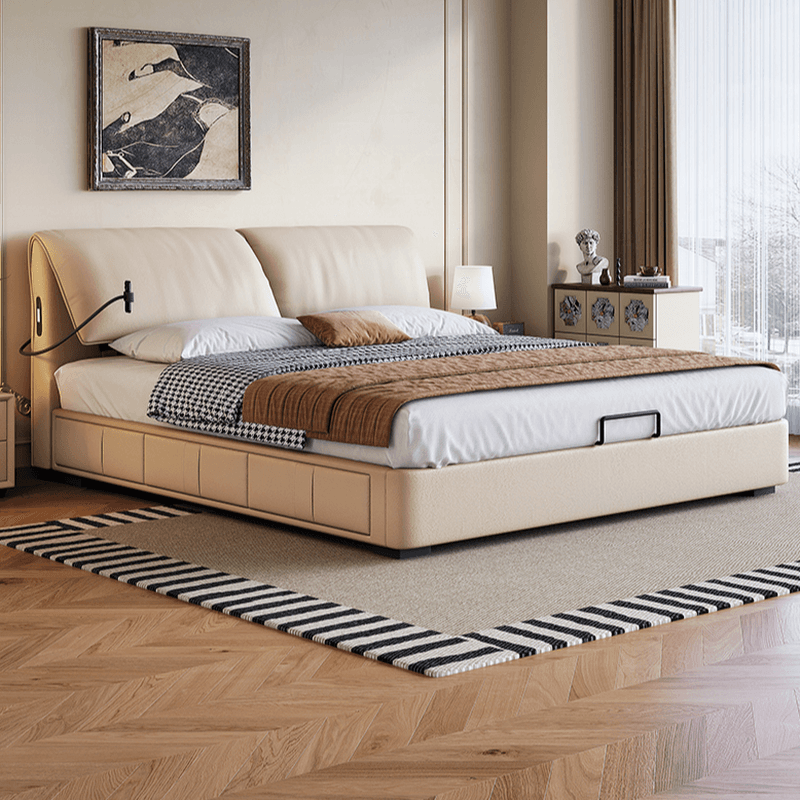 Beige Solid Color Storage Bed with 3 Storage Boxes, Sponge Upholstery, and Illumination Light thumbnail 1