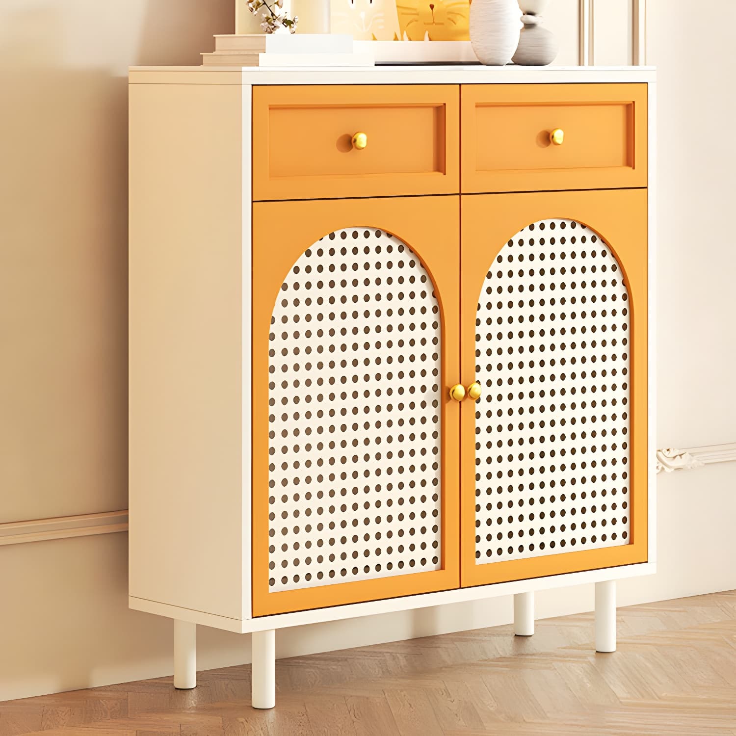 Rustic Wood Buffet Cabinet with Stone Countertop and Adjustable Shelves