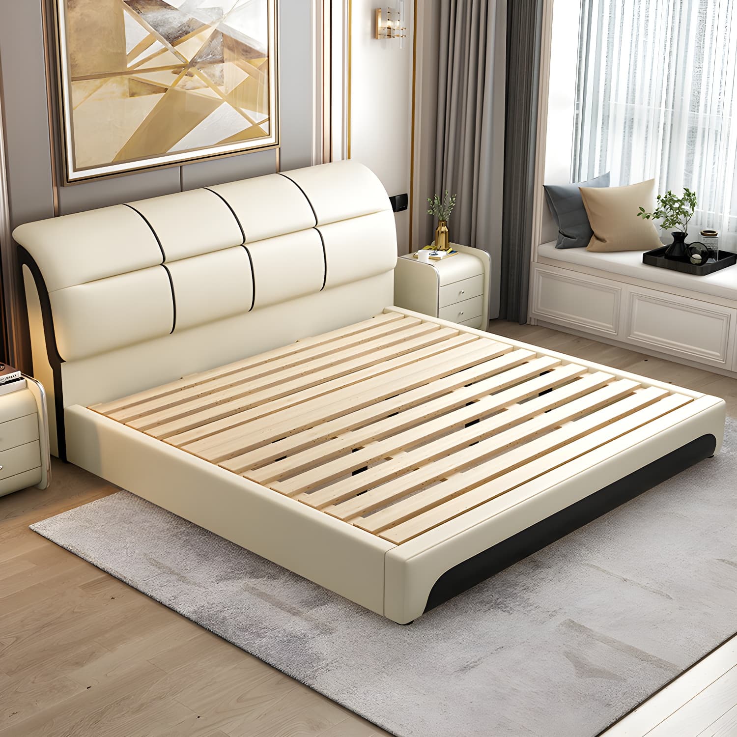 Glam Light Beige Bed Upholstered Wood Bed Frame with Headboard thumbnail 2