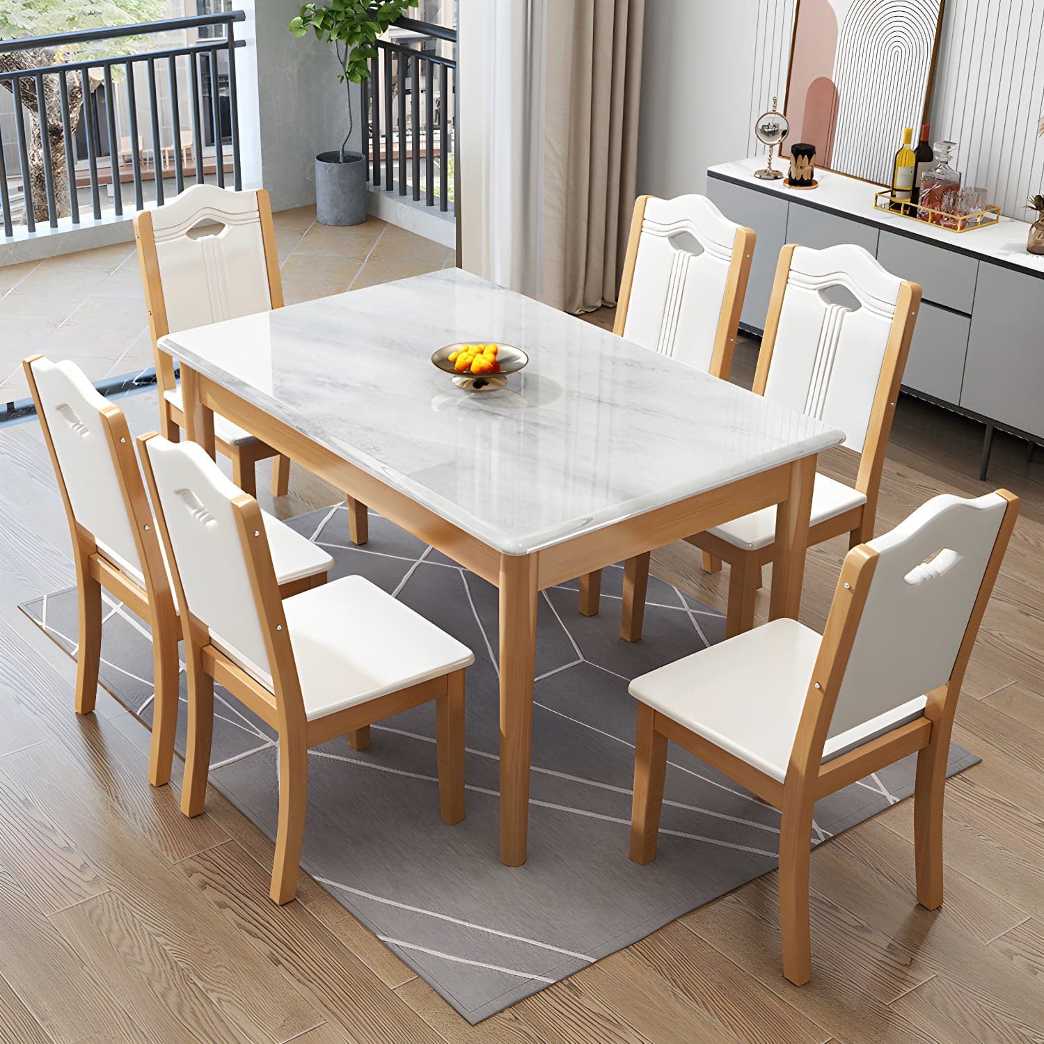 Modern White Marble Kitchen & Dining Room Set - Solid Wood Base, Faux Marble Top thumbnail 2