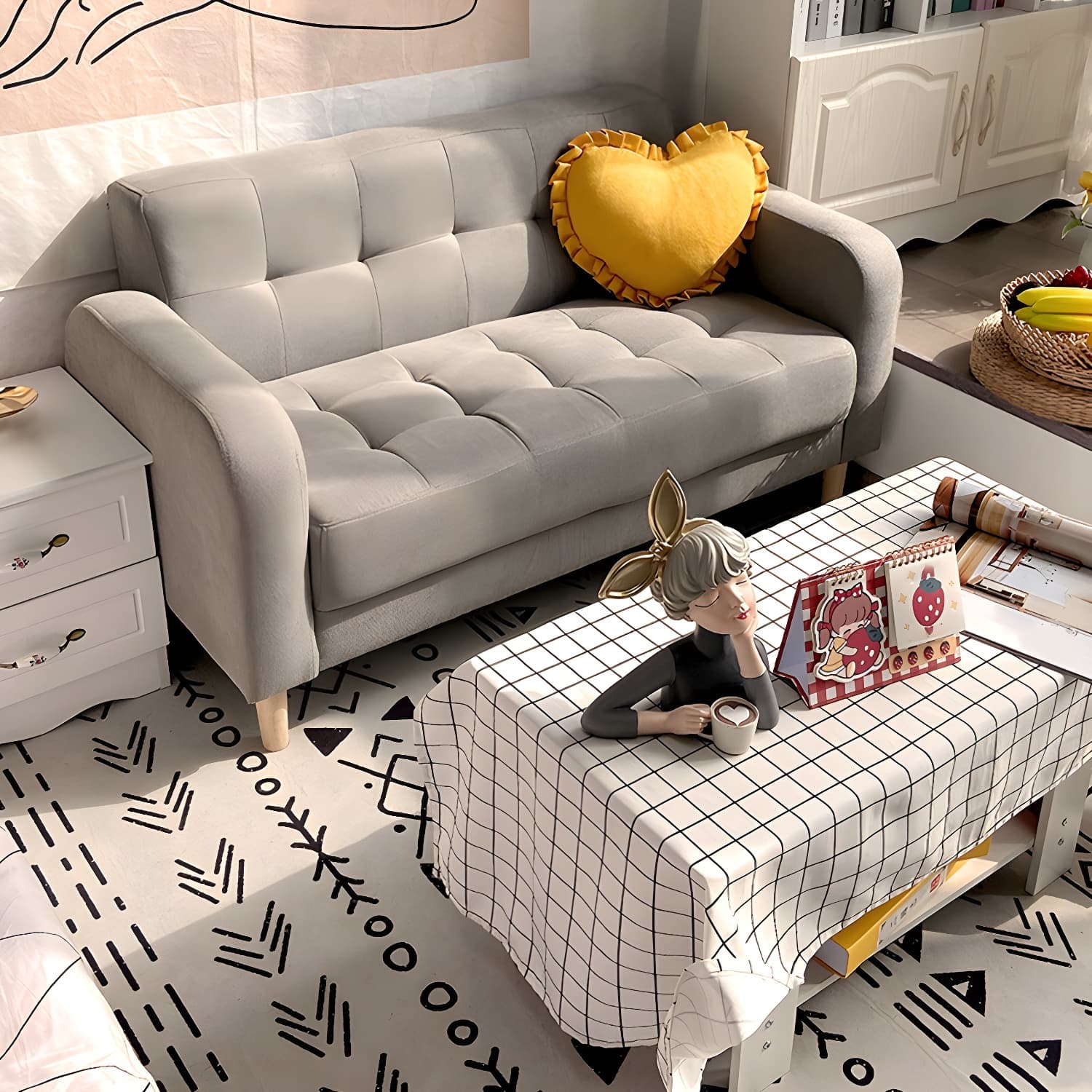 Tufted Fabric Sofa with Four Wooden Legs Square Tufted Sofa for Bonus Room thumbnail 15
