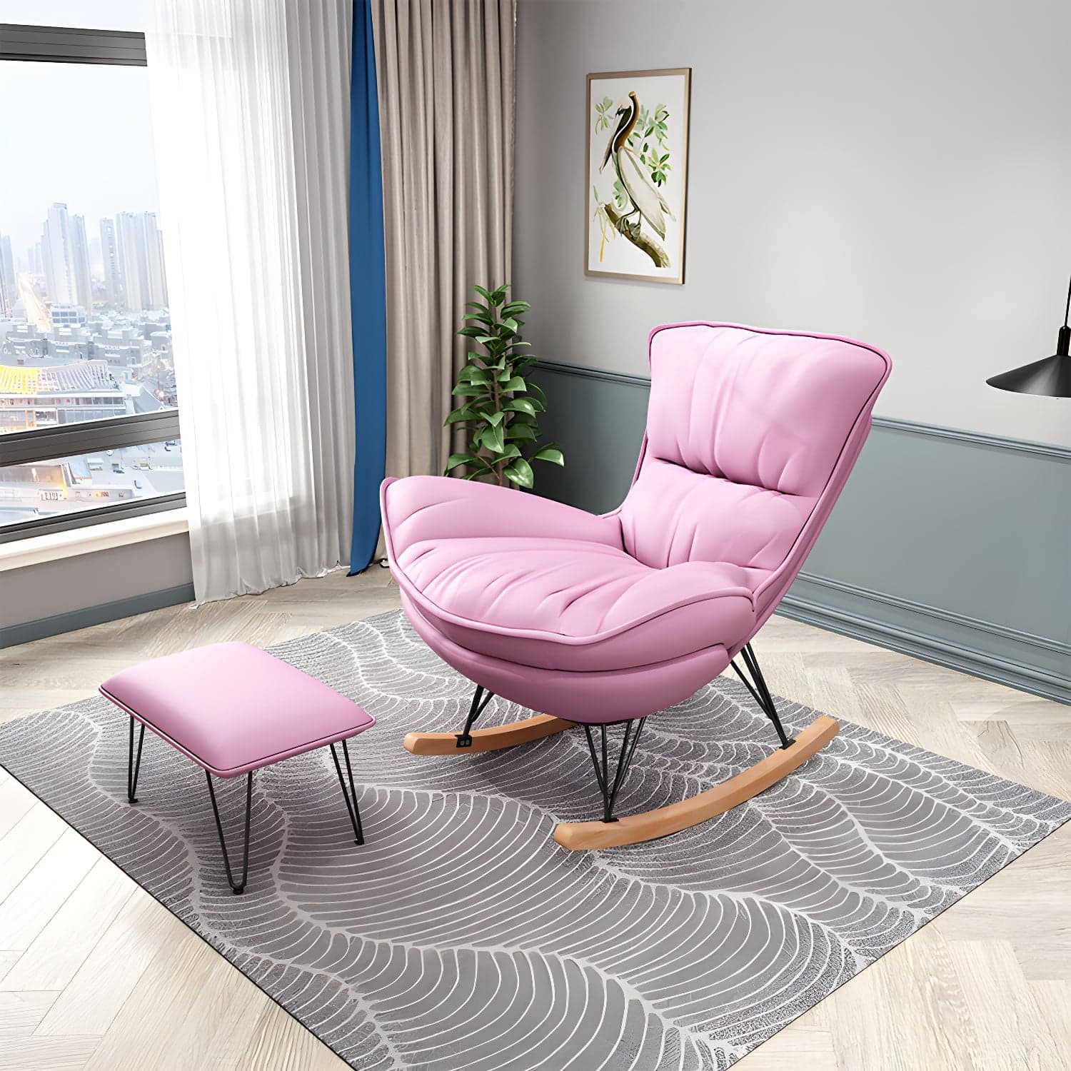 Contemporary Rocking Chair Faux Leather Water Resistant Plain Rocker Chair with Ottoman thumbnail 7