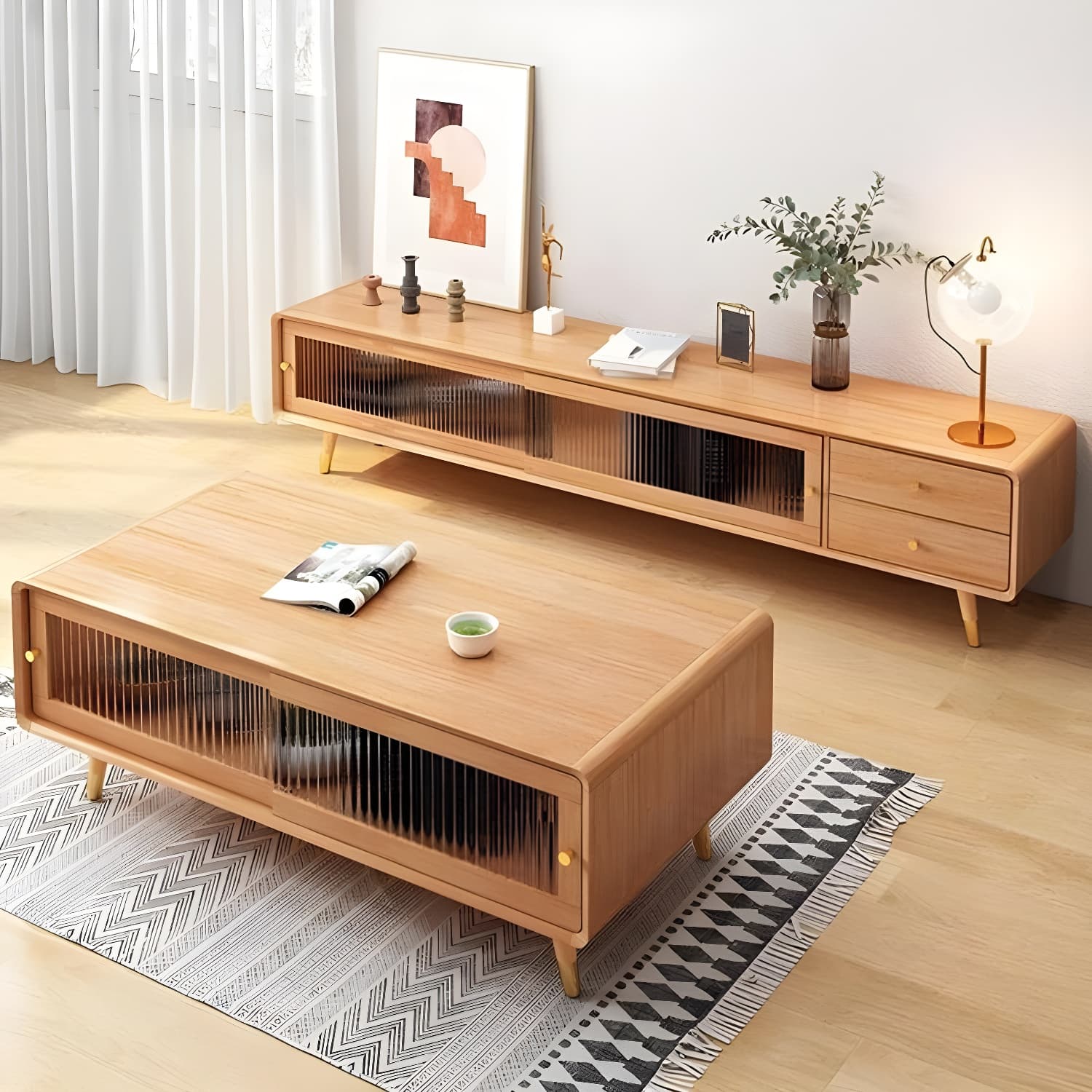 Scandinavian Style Low Height Wood TV Stand With 2 Drawers and Cabinet, Size 15.7'' x 17.7'' thumbnail 11