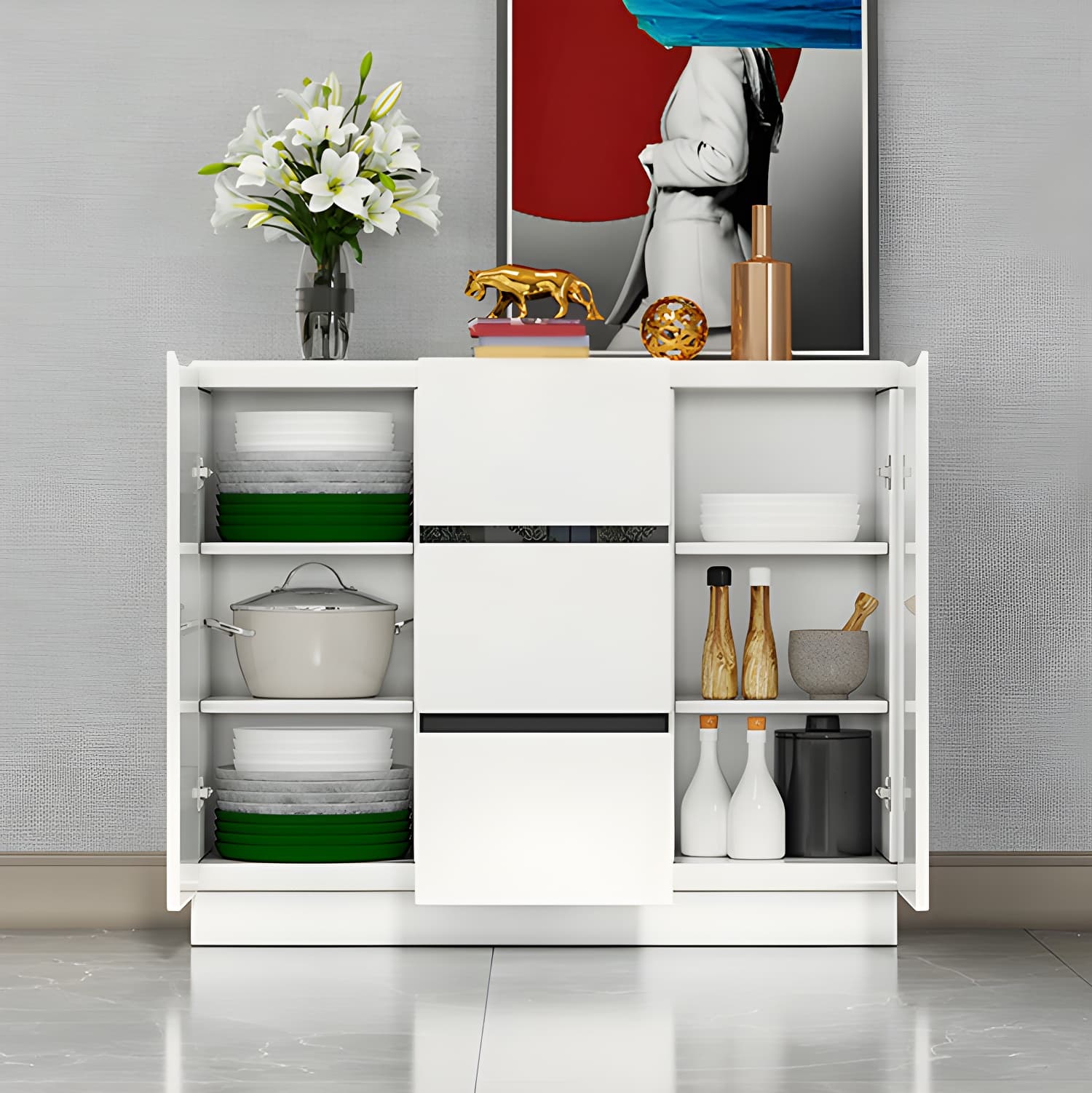 White Modern Sideboard Credenza with Adjustable Shelving and 3 Drawers thumbnail 7