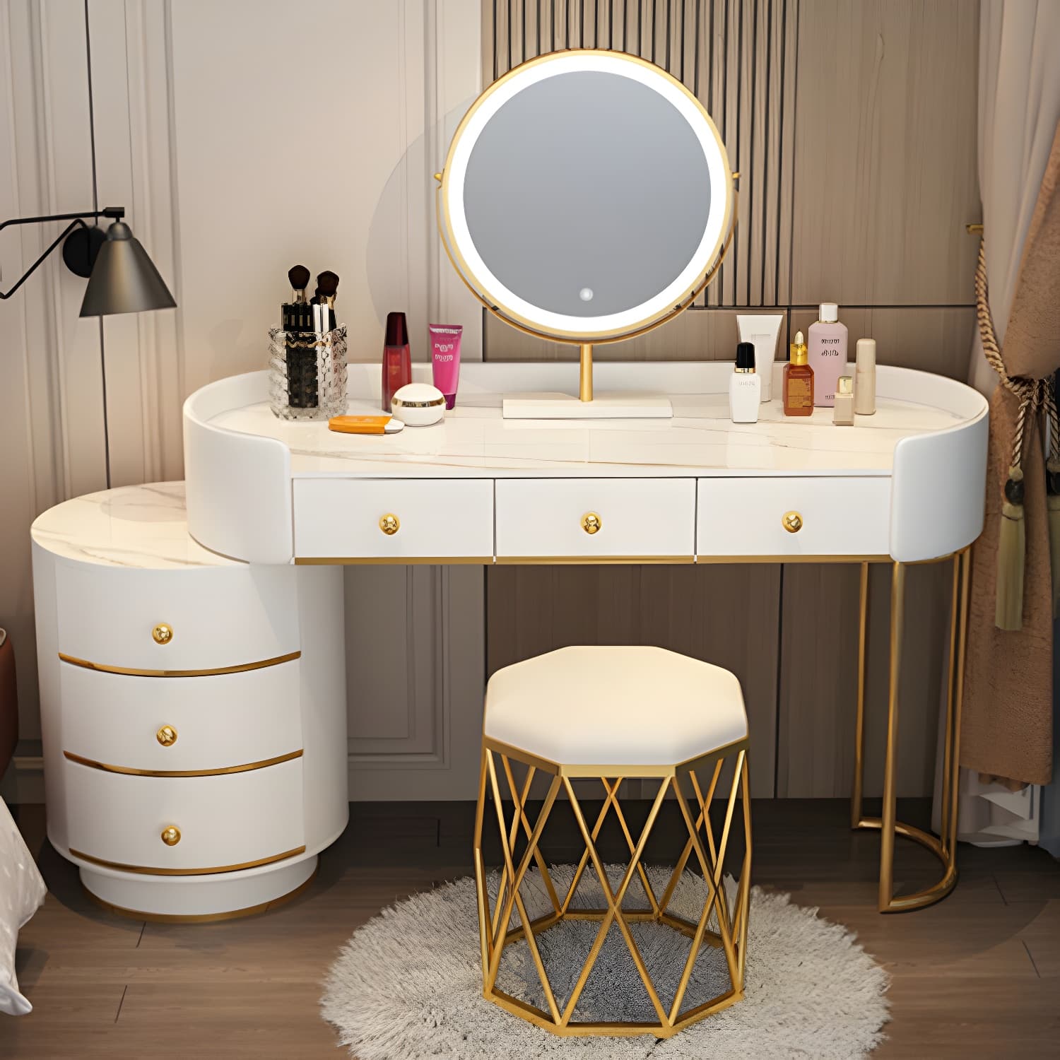 Lighted Mirror Makeup Counter Bedroom Makeup Vanity Desk Table with Drawer thumbnail 7