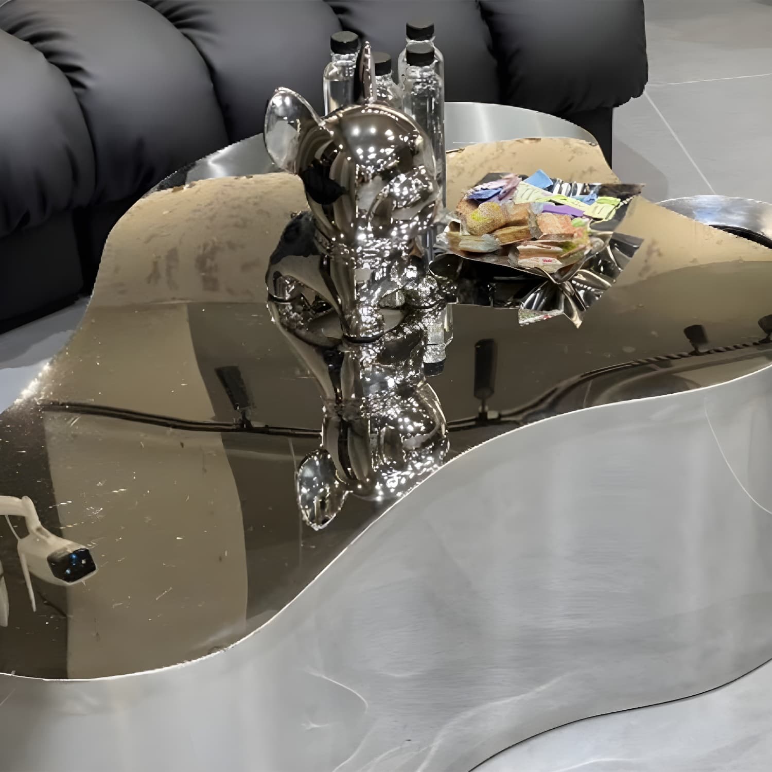 Silver Modern Coffee Table with Free Form Metal Top and Abstract Stainless Steel Base thumbnail 10