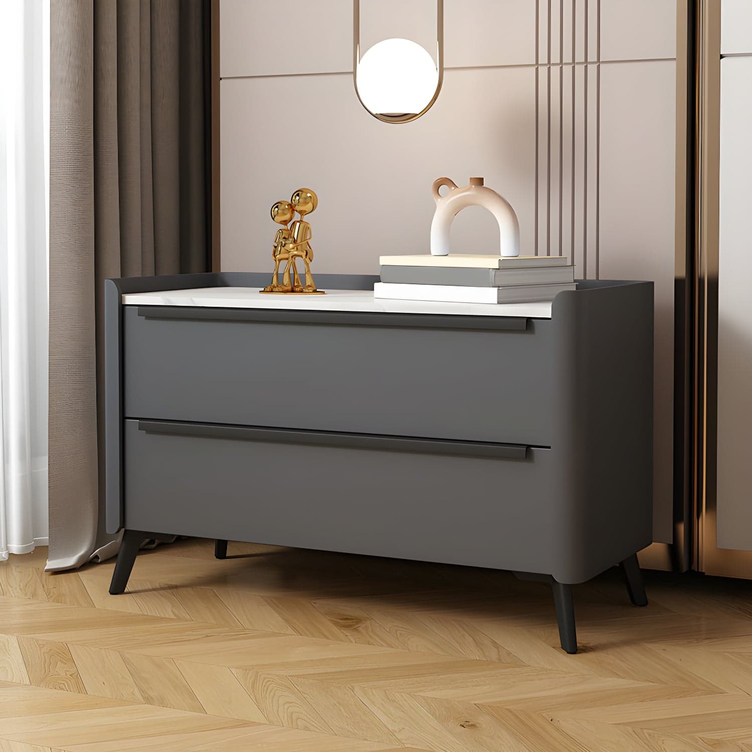 Modern Faux Leather Top Nightstand with Two Drawers and Stone Countertop thumbnail 2