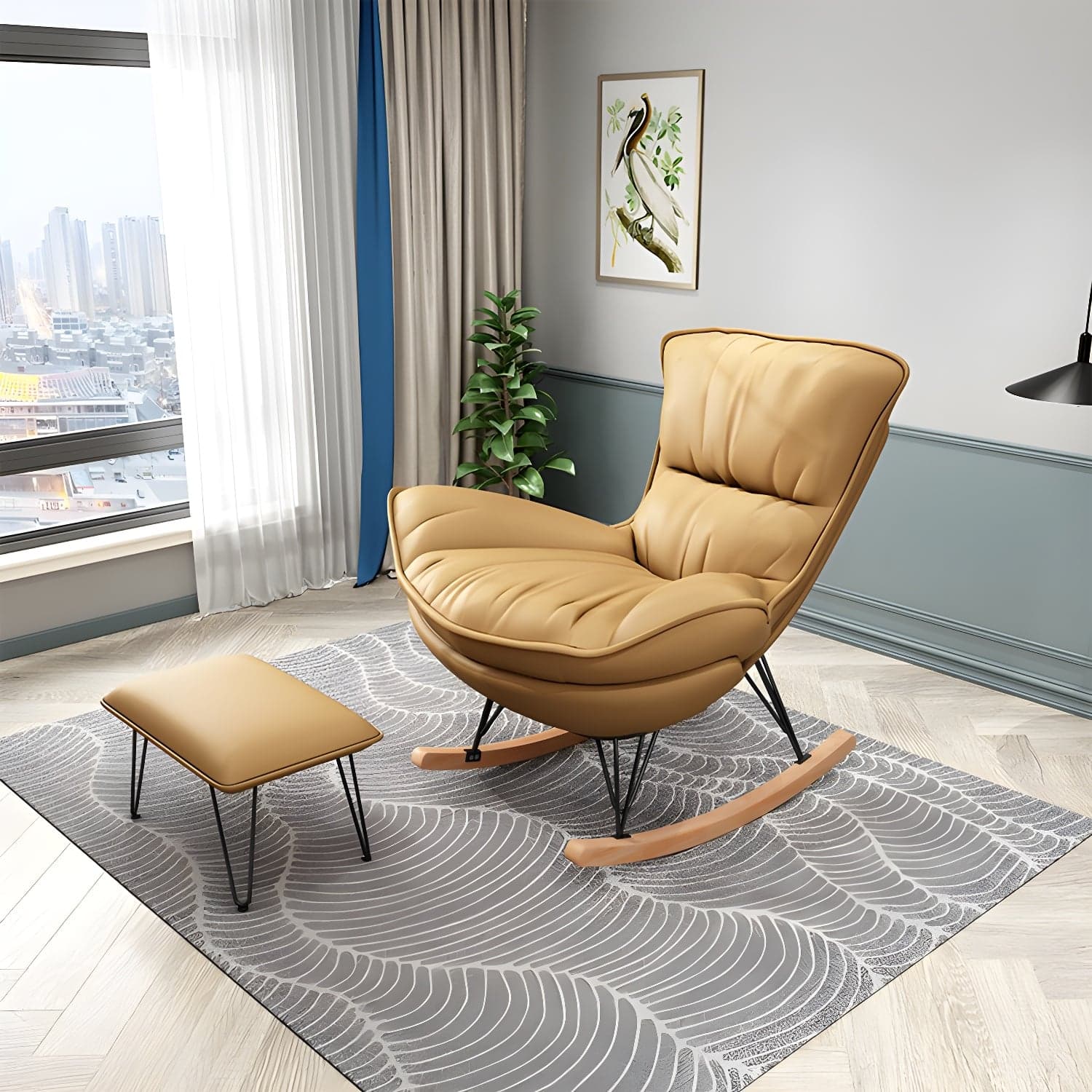 Modern Glider Chair Pure Color Metal Dark Legs Rocking Chair with Ottoman thumbnail 5