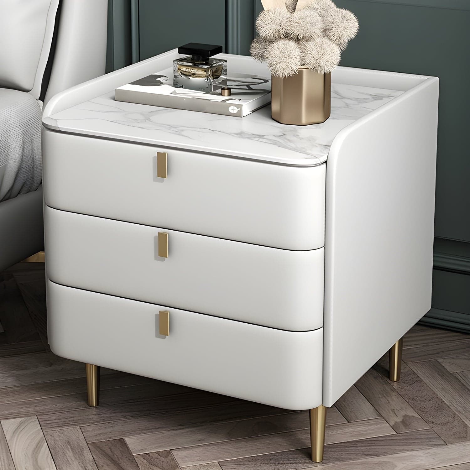 Stone Top Nightstand 3-drawer Leather Night Table with 4 Legs thumbnail 8