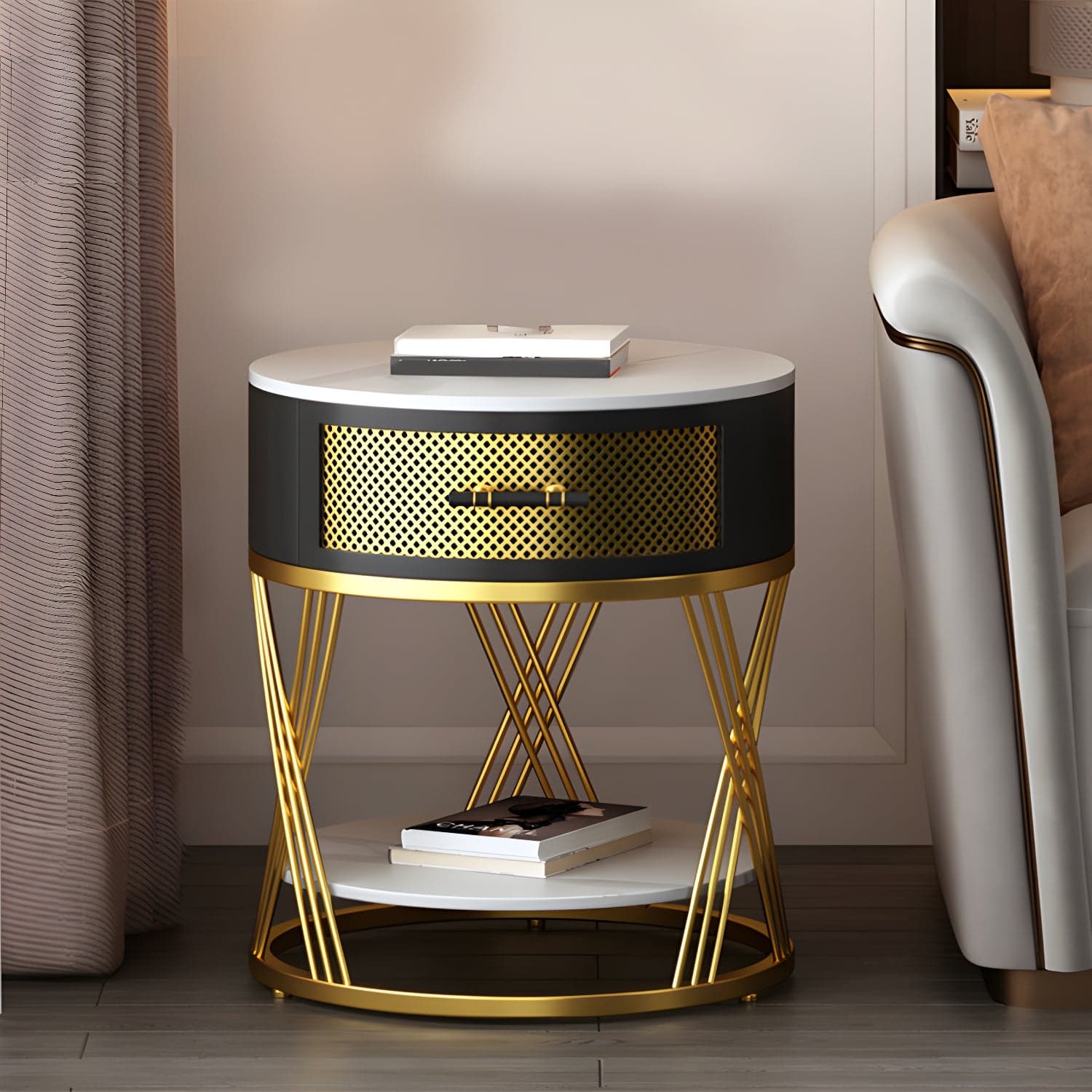 Glam Stone Top Night Table Open Storage 1-Drawer Metal Legs Included Nightstand thumbnail 2