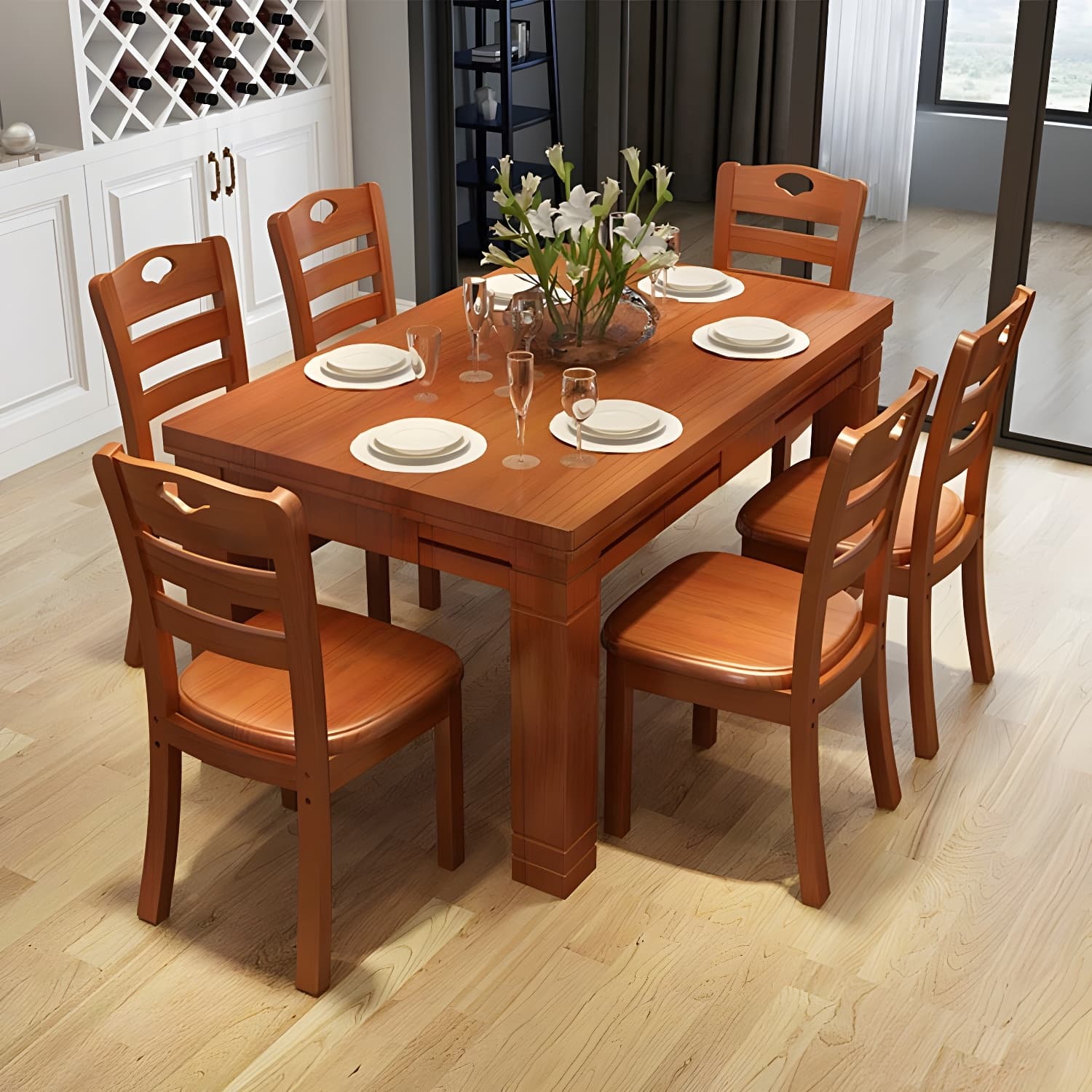 7-Piece Modern Wood Dining Set with Solid Wood Features and Seating for 6 thumbnail 3