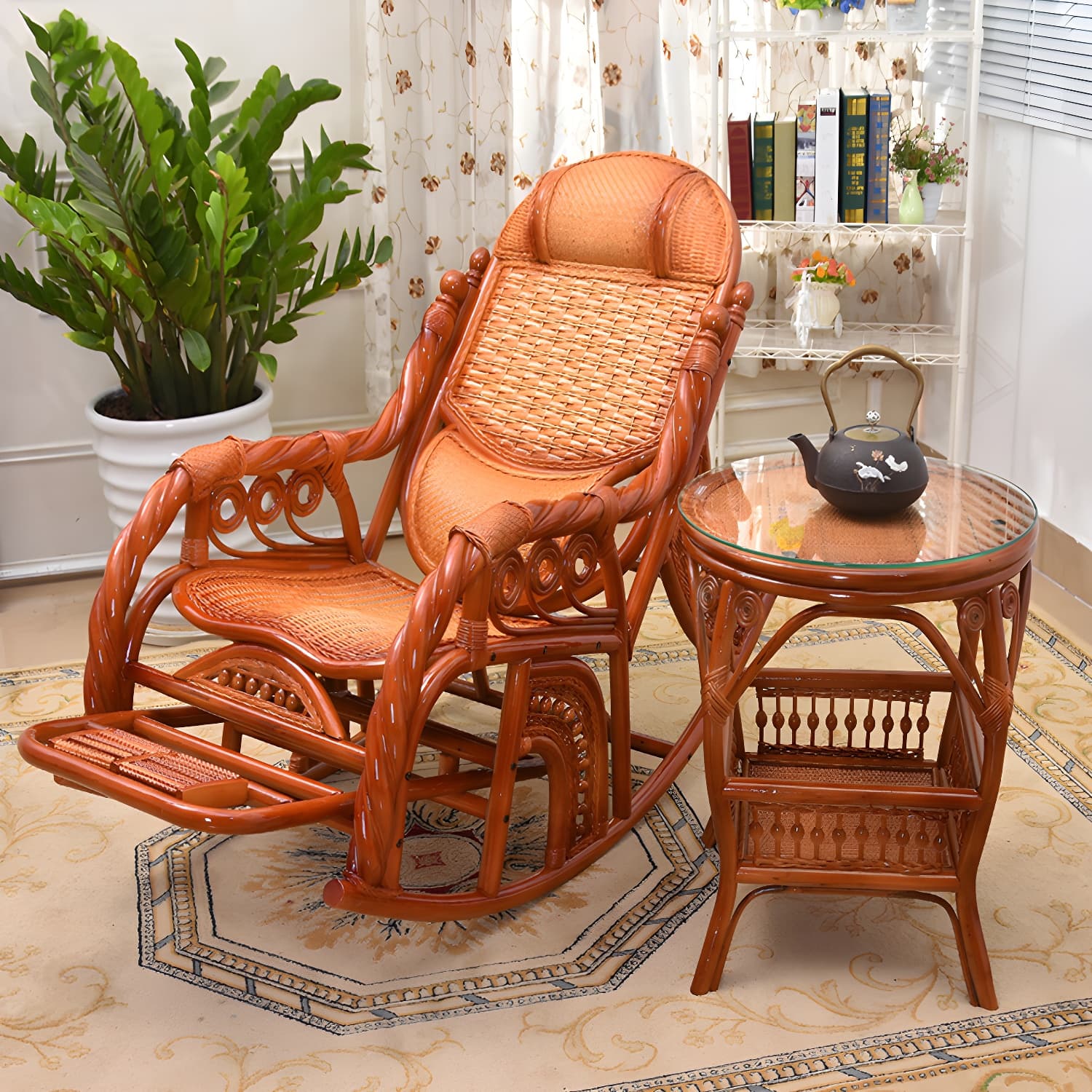 Traditional Spindle Rocking Chair Tobacco Finish with Pillow Rocker Chair Wicker thumbnail 7