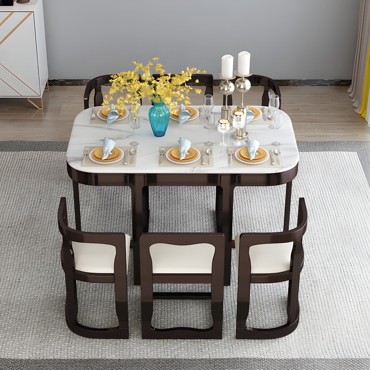 7-Piece Modern Wood Dining Set with Trestle Base and Upholstered Chairs in White - Seats 6 thumbnail 8
