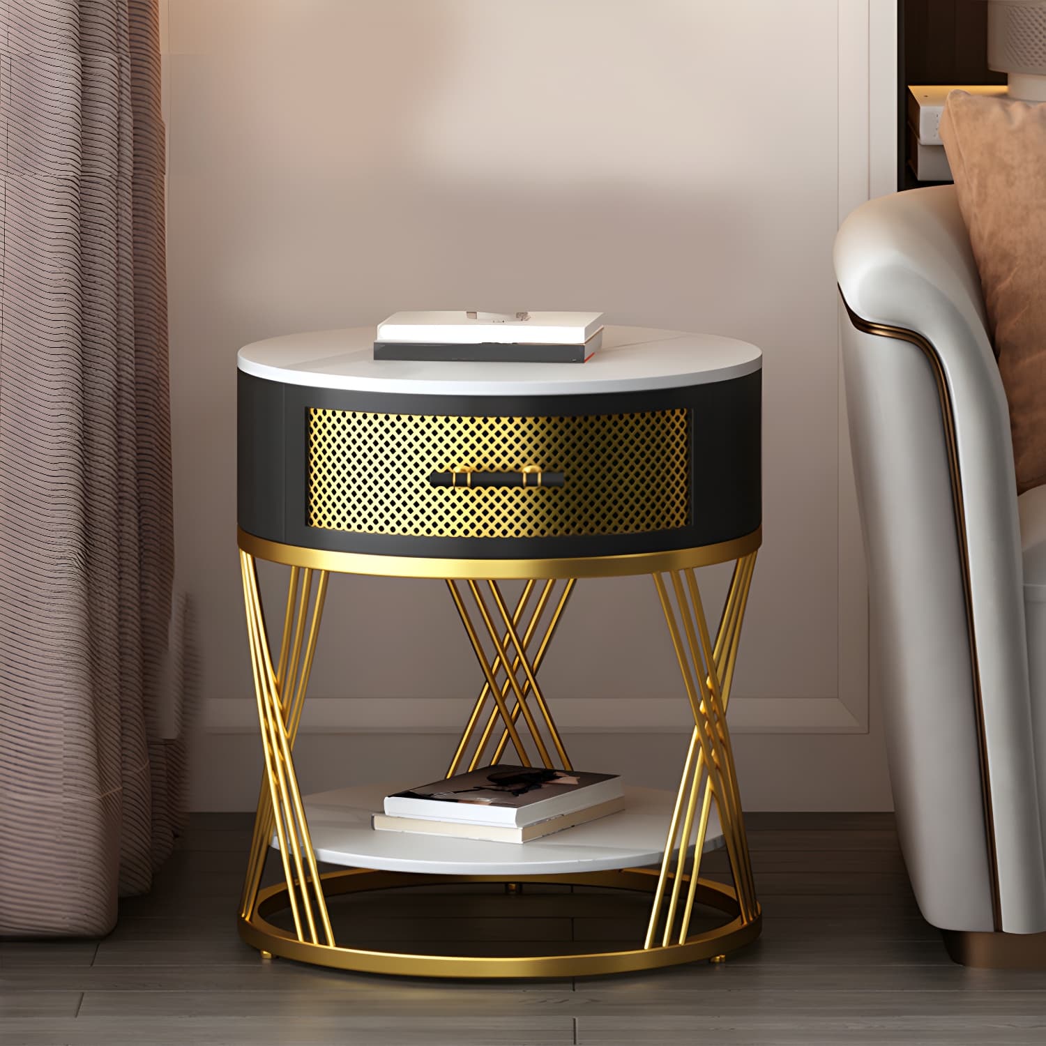 Glam Stone Top Night Table Open Storage 1-Drawer Metal Legs Included Nightstand thumbnail 4