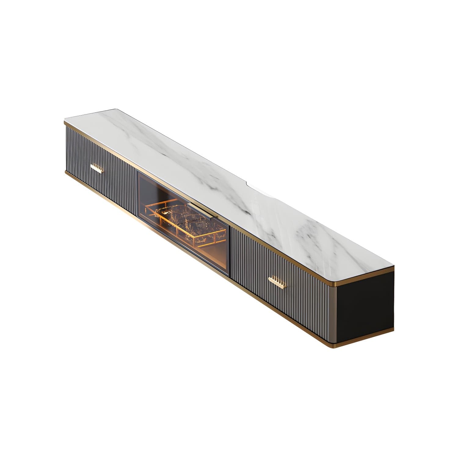 Glam Floating TV Media Stand with Drawers Stone and Wood TV Stand thumbnail 1