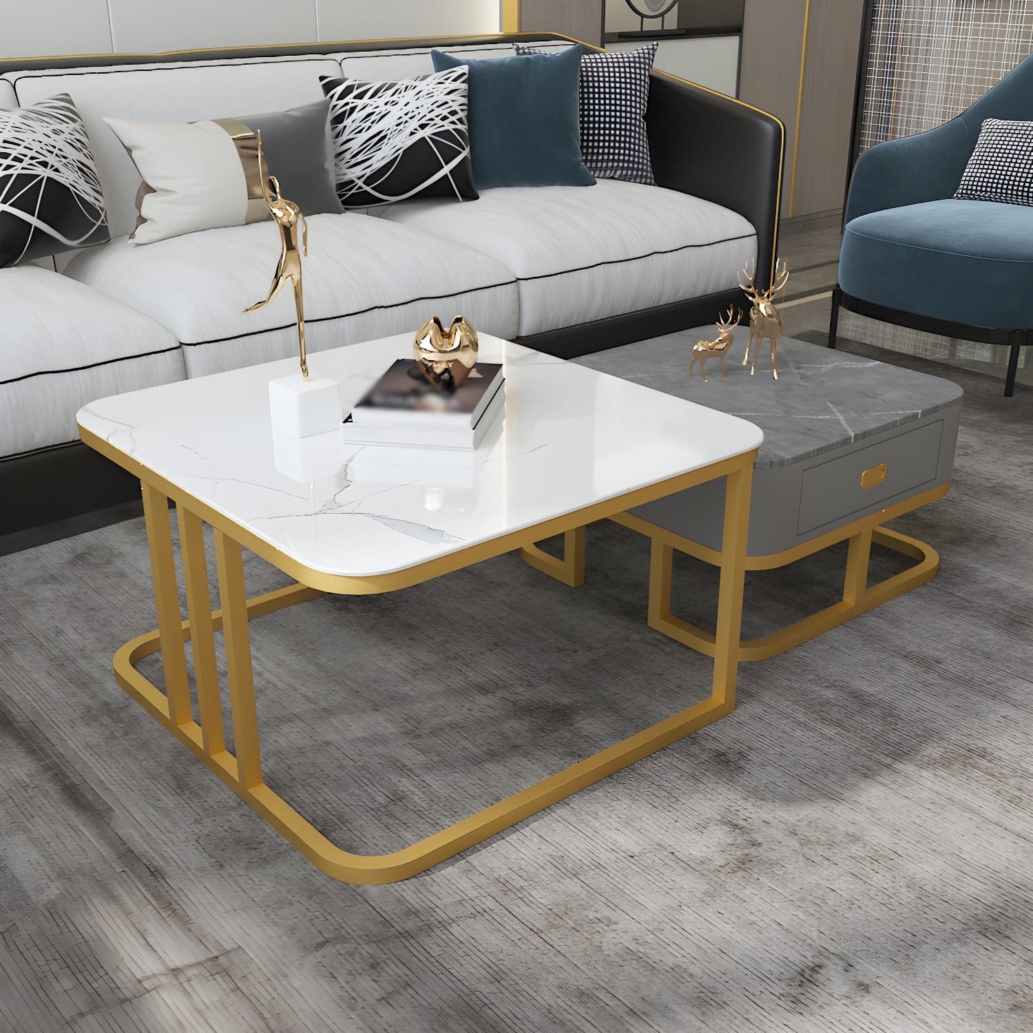 Round Slate/ Glass Coffee Table Frame 2 Nesting Cocktail Table with Storage thumbnail 5