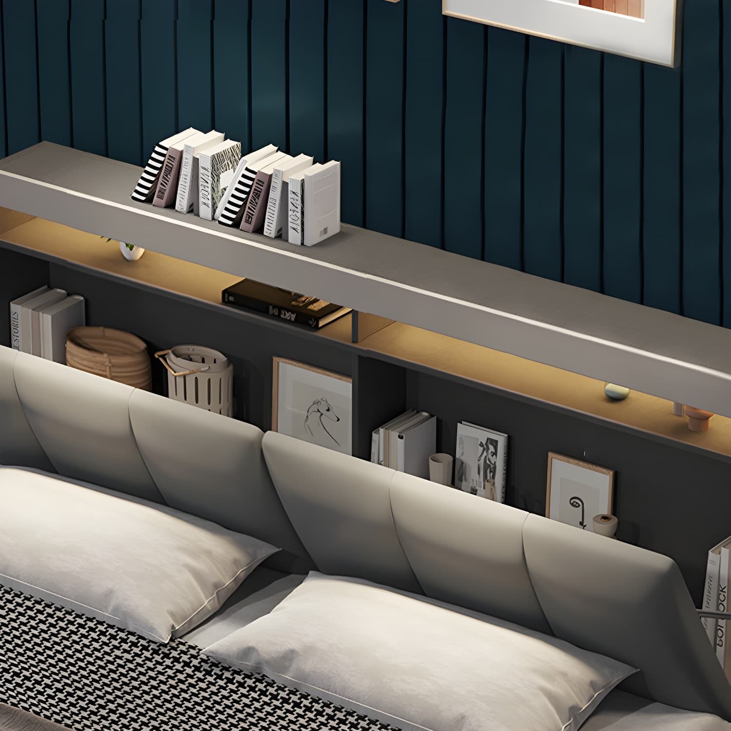 Modern Upholstered Headboard Bed with Storage and Patchwork Design thumbnail 9