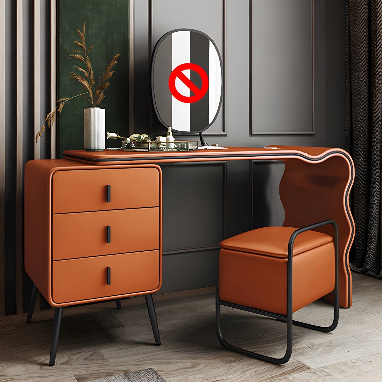 3 Drawers Make-up Vanity Set, 28.74" H Leather Vanity with Stool & Mirror thumbnail 8
