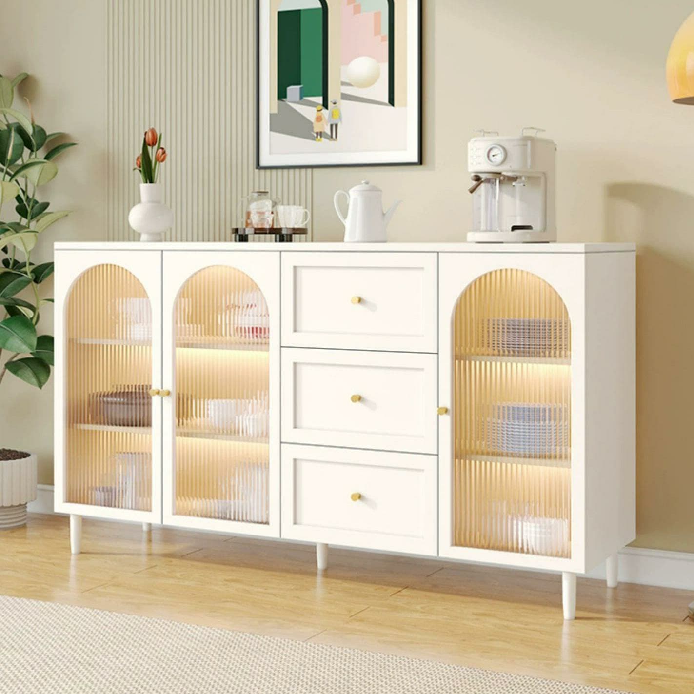 White Modern Sideboard Credenza with Cabinets and Reserve Installation Holes, Full Assembly Required