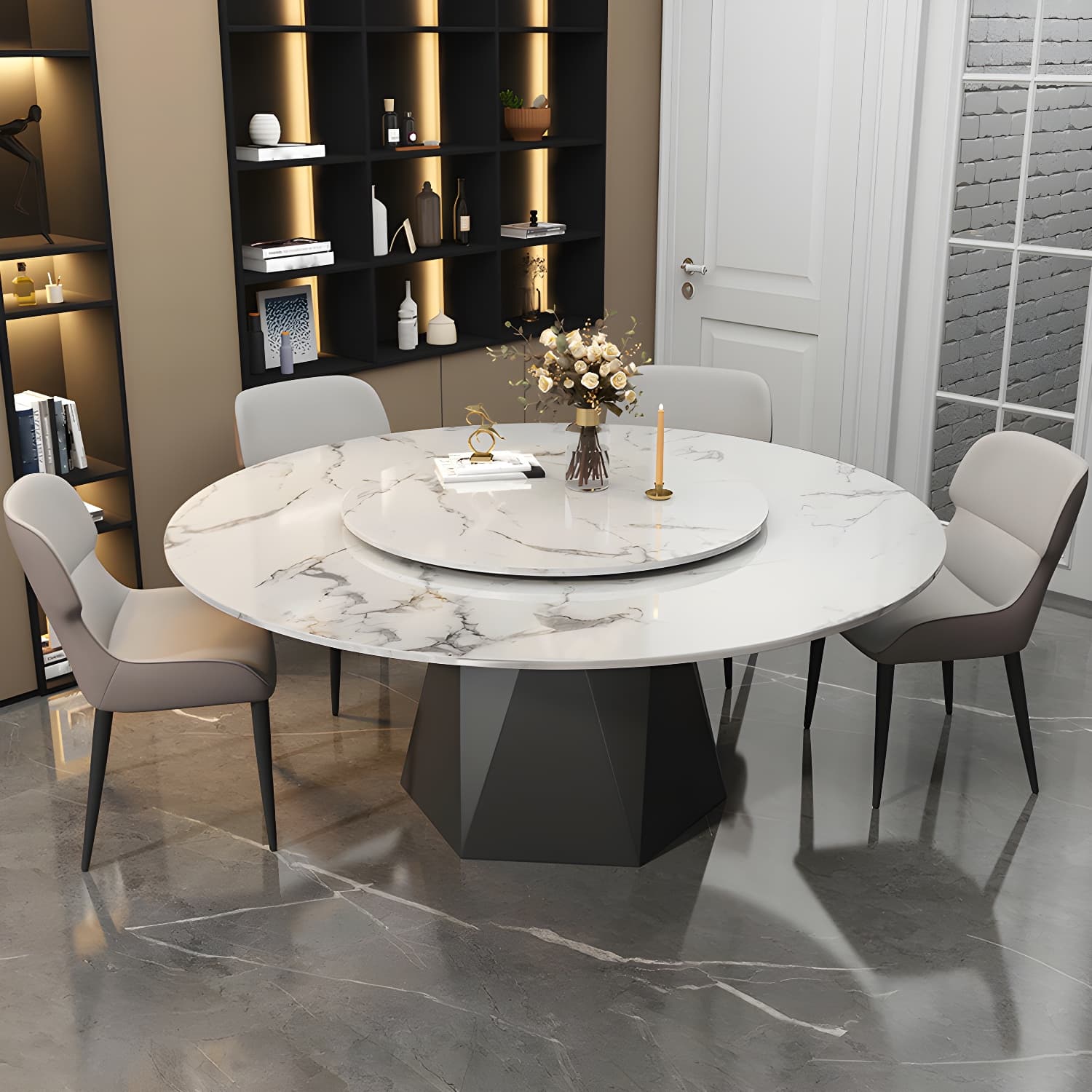 Round White Marble Modern Dining Table with Black Steel Pedestal Base and Convenient Lazy Susan thumbnail 2