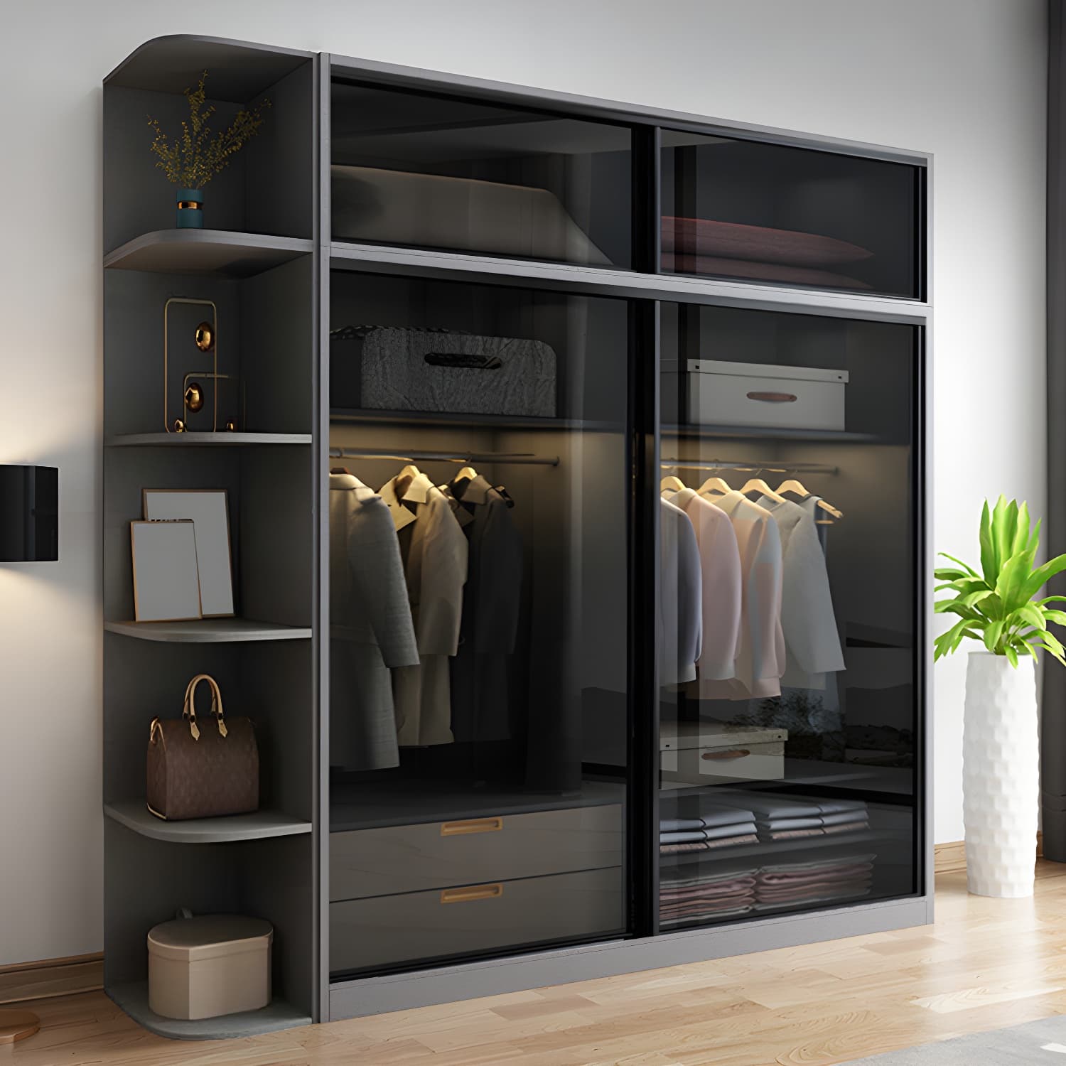 Contemporary Wood and Tempered Glass Wardrobe Freestanding Wardrobe Armoire without Light thumbnail 3