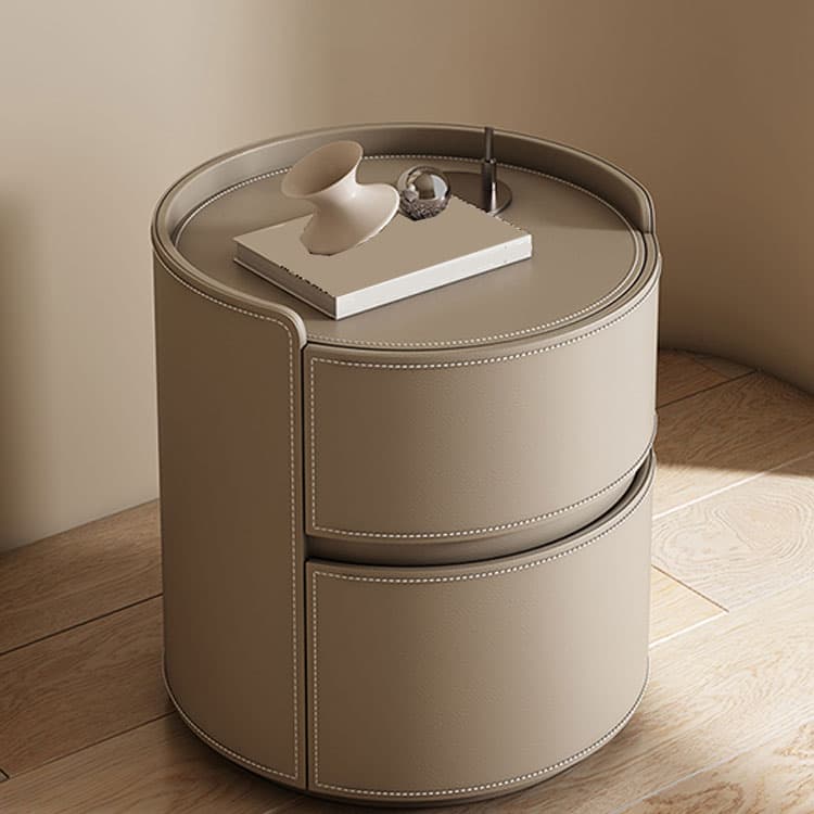 Chic Modern Round Nightstand with Light Wood Tone Faux Leather and Numerate Two Drawer Storage thumbnail 14