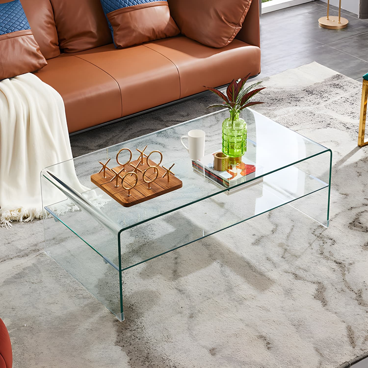Modern Rectangle Glass Coffee Table Sled Base Cocktail Table with Shelf thumbnail 2