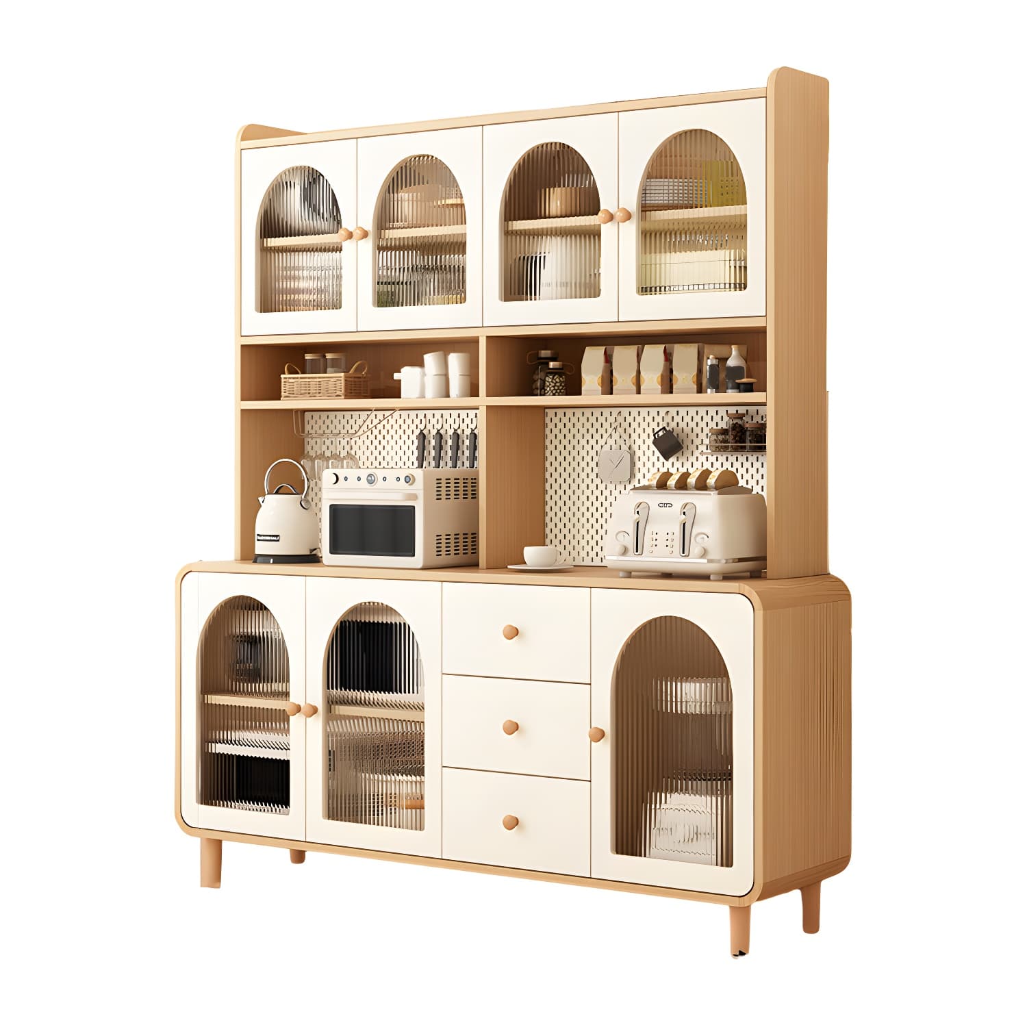Scandinavian Wood Buffet 3 Cabinet Doors with Glass Interior Shelves thumbnail 7