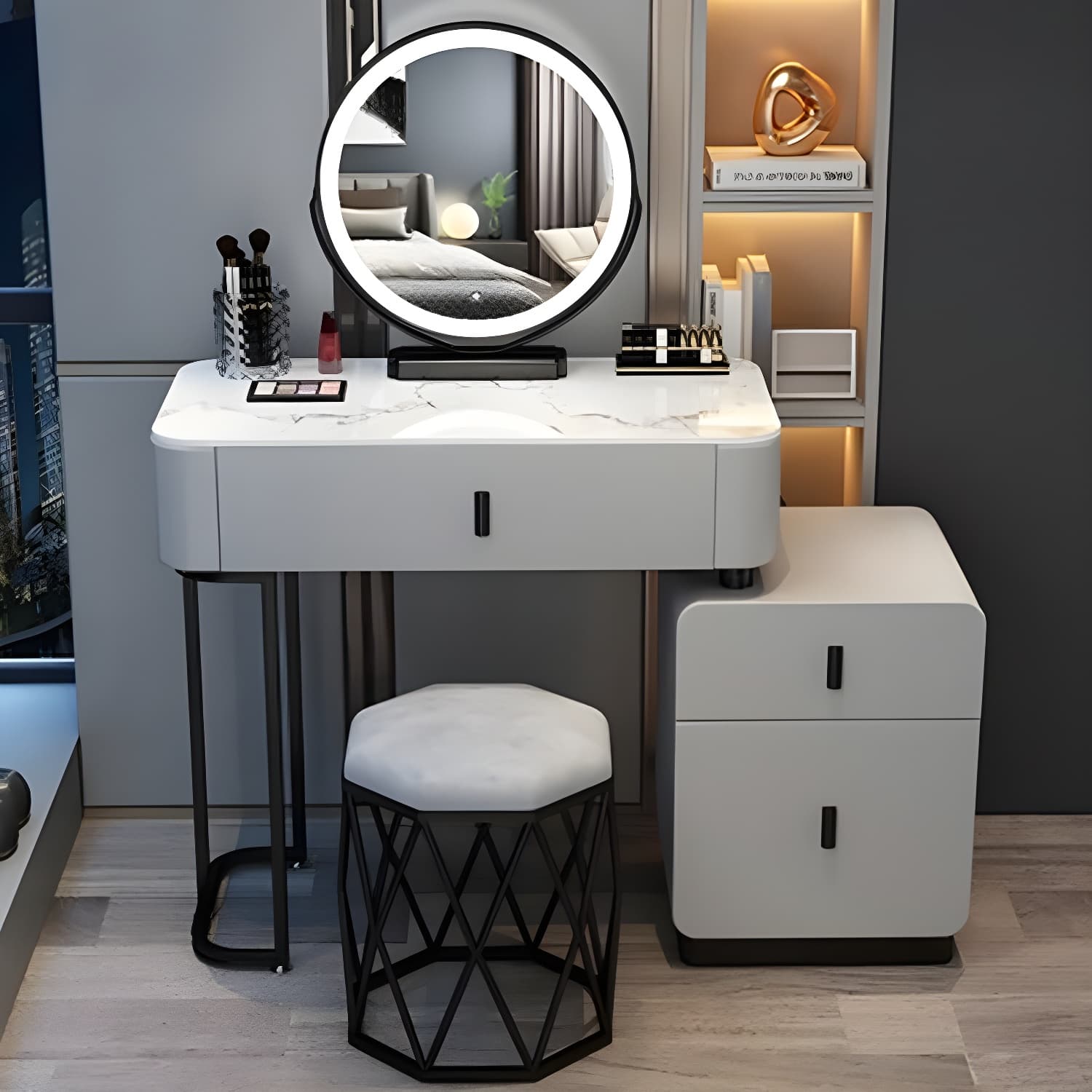 Modern Stone Top Makeup Vanity Desk with Solid Wood Storage Drawers thumbnail 12