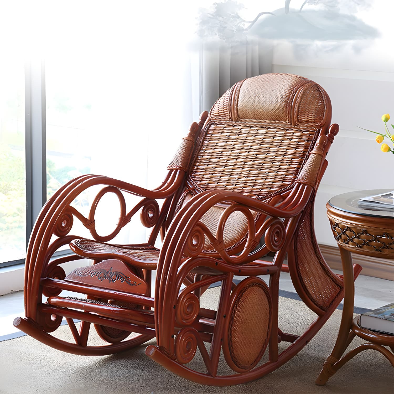 Traditional Rocking Chair Rattan Solid Color Spindle Backrest Indoor Rocking Chair thumbnail 16