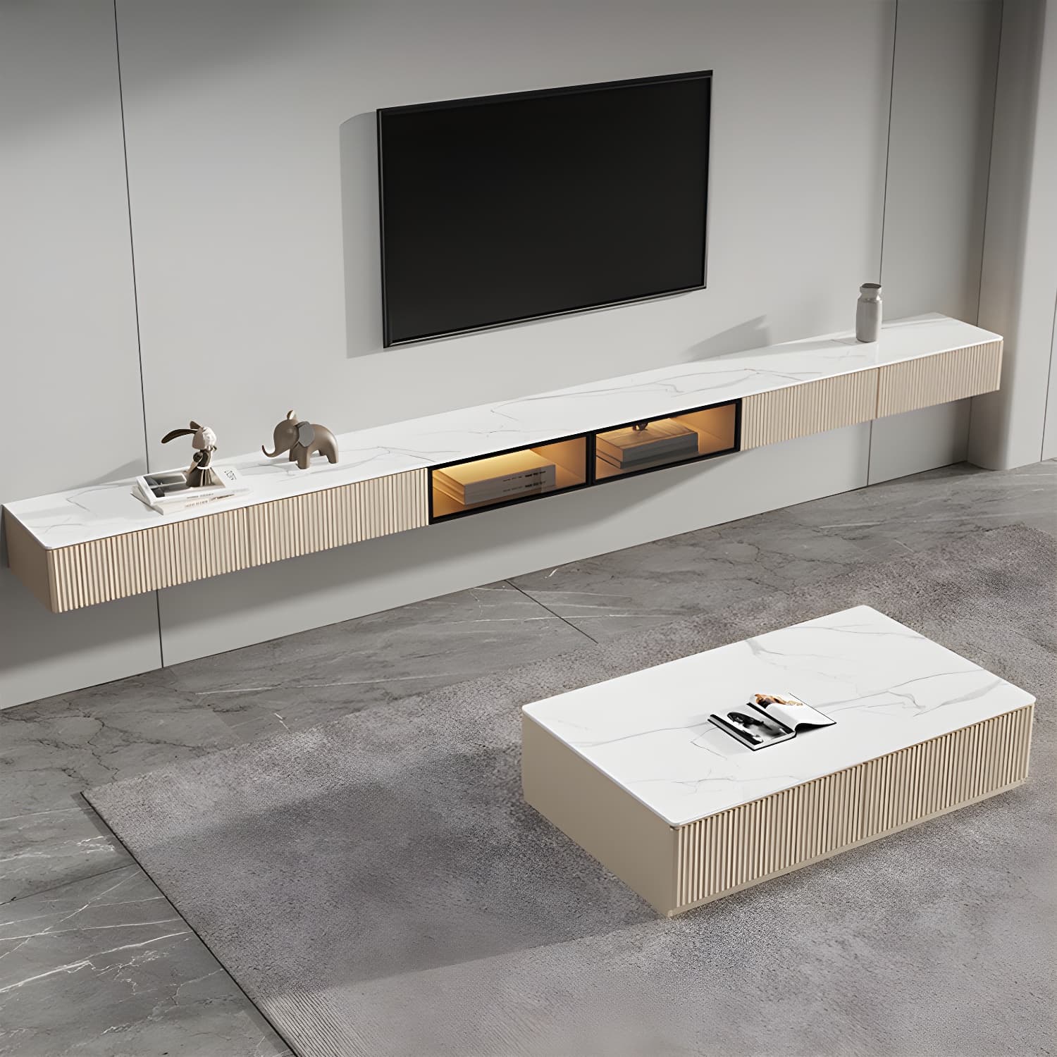 Glam Wall-mounted TV Media Stand Slate Top Wood Frame with Storage thumbnail 2