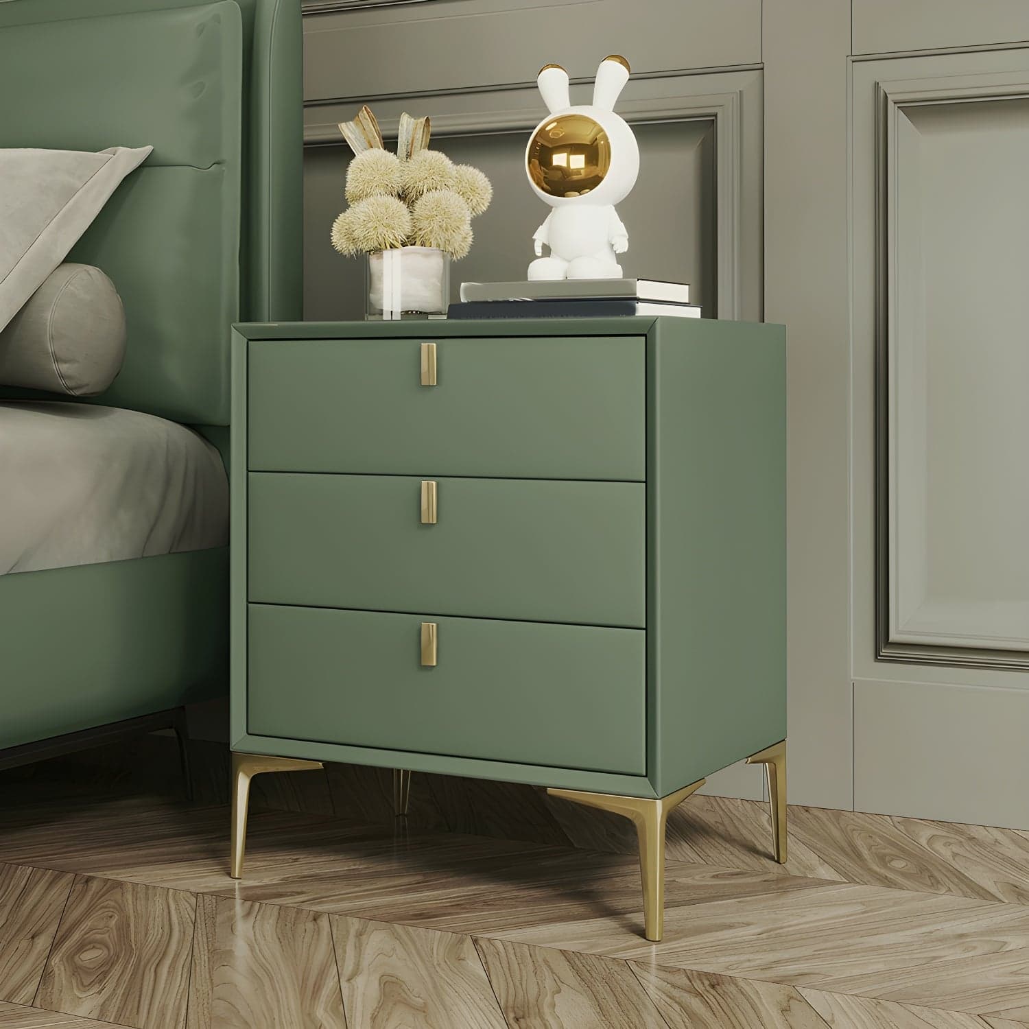 Glam Style Solid Wood 3-Drawer Nightstand with Legs for Bedroom thumbnail 5