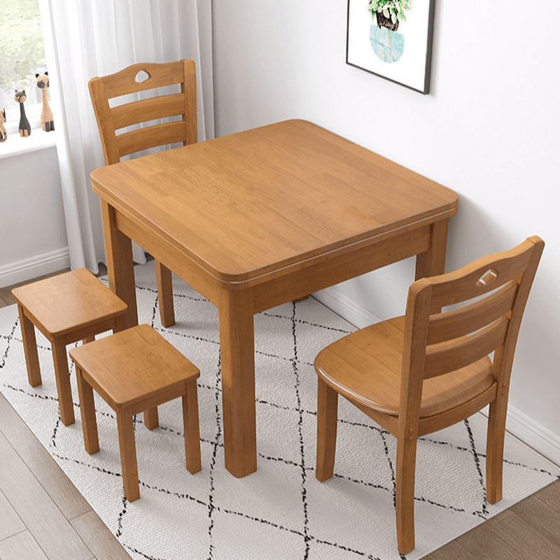 Square Fixed Dining Table Set with 4 Legs, a Wood Tabletop in Natural/Auburn/White, Back Chairs and Stool in a Simple Style thumbnail 4
