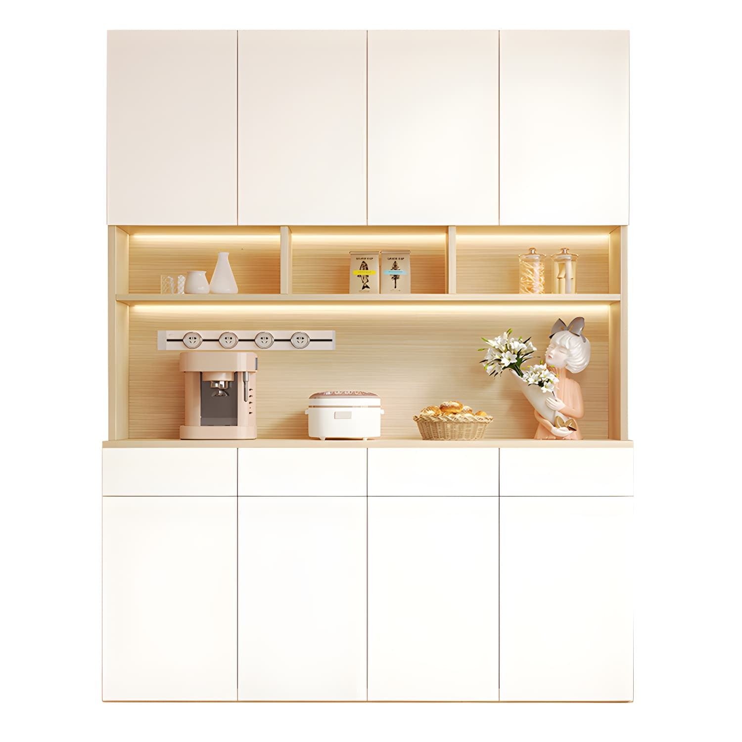 Scandinavian White Wood Buffet Sideboard Cabinet with Cabinets and Shelves thumbnail 11