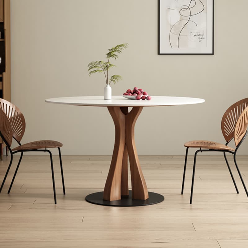 White Stone Round Modern Dining Table with Ash Wood Pedestal Base thumbnail 1