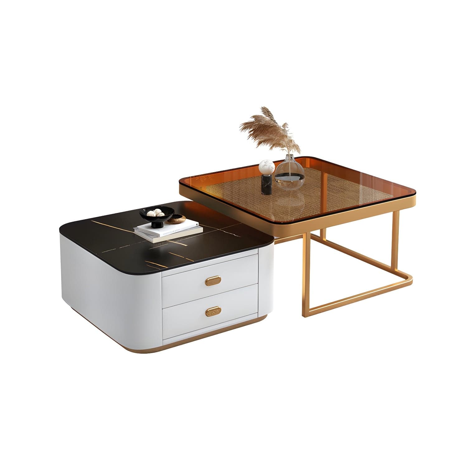 Square Coffee Table Glass Top 2 Nesting Coffee Table Set with Storage thumbnail 3