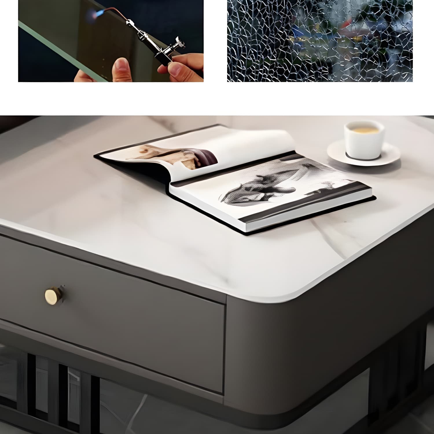 Modern Round Glass / Slate Cocktail Table Steel Frame Coffee Table with Drawer thumbnail 12