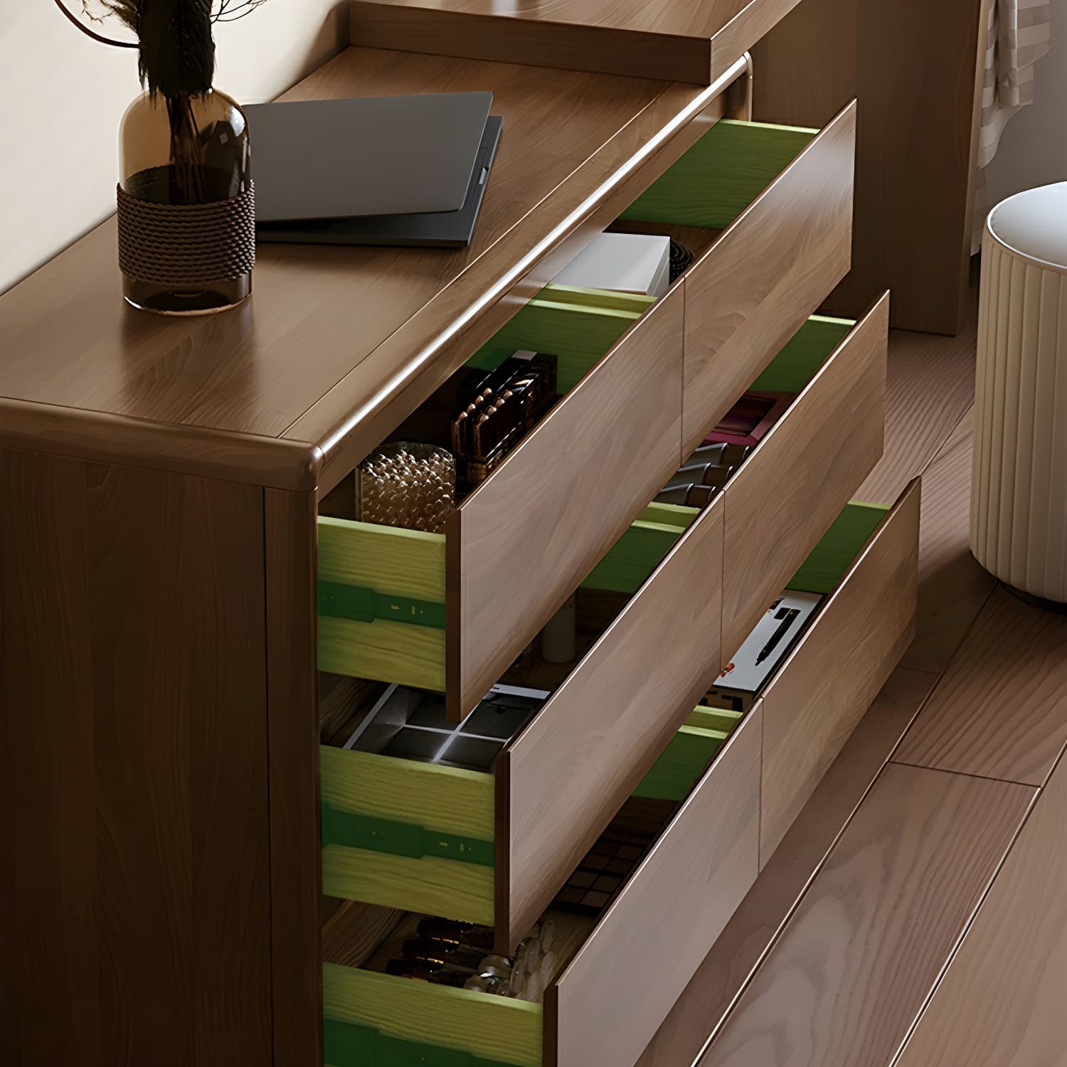 Modern Brown Wood Makeup Vanity with Drawers & Soft Close Drawer Glides thumbnail 6